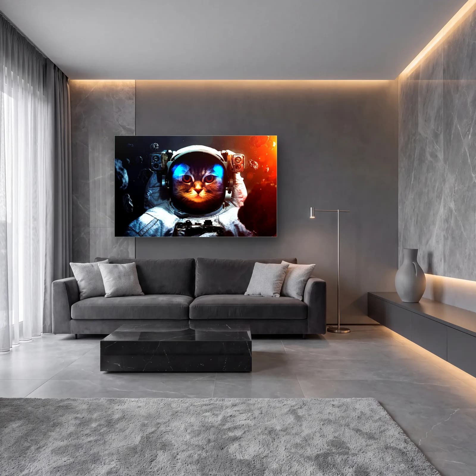 Astronot Kedi cam tablo — lüks salon duvarında