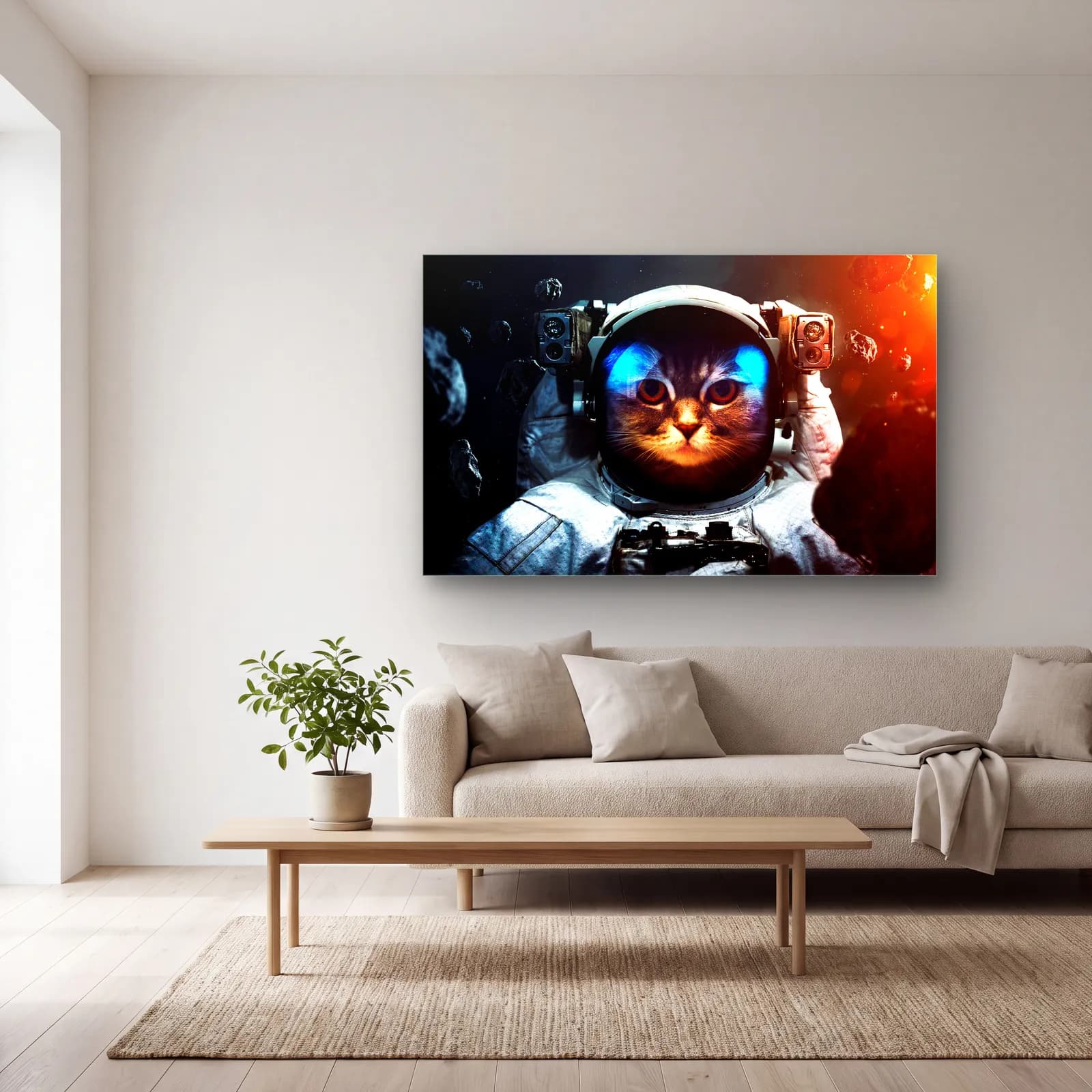 Astronot Kedi cam tablo — açık renk salonda