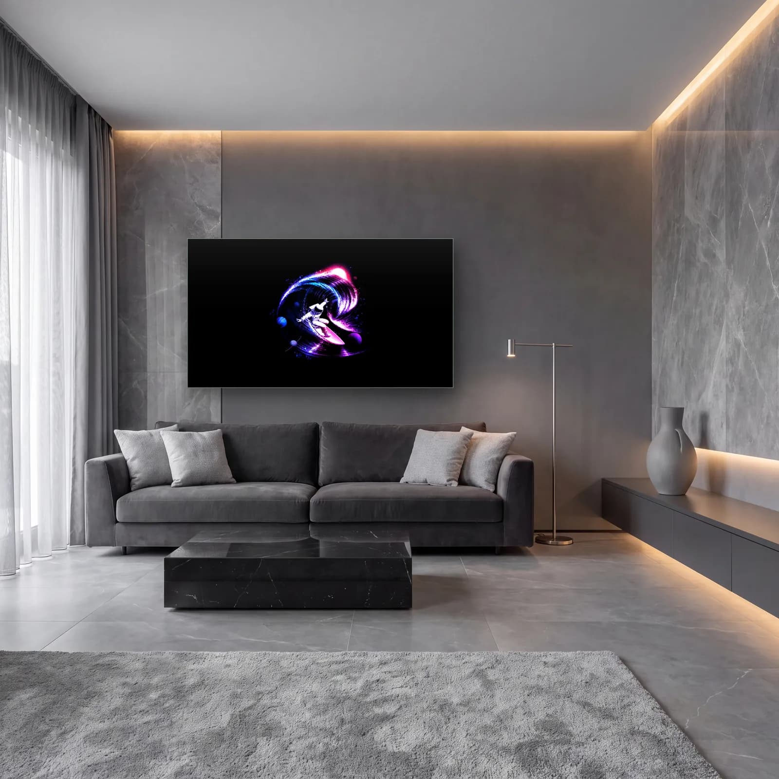 Neon Dalga Sörfçüsü cam tablo — lüks salon duvarında