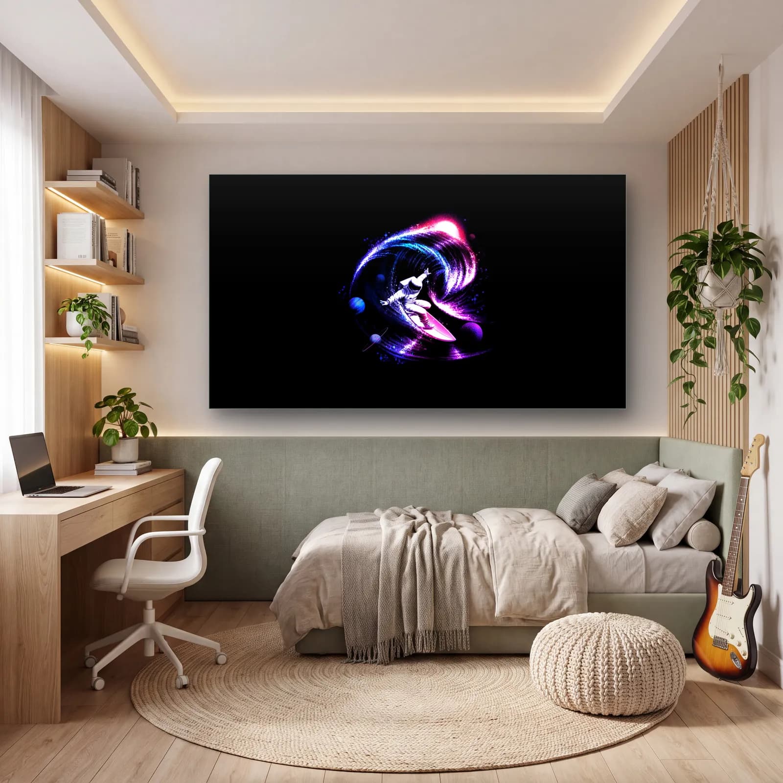 Neon Dalga Sörfçüsü cam tablo — genç odasında