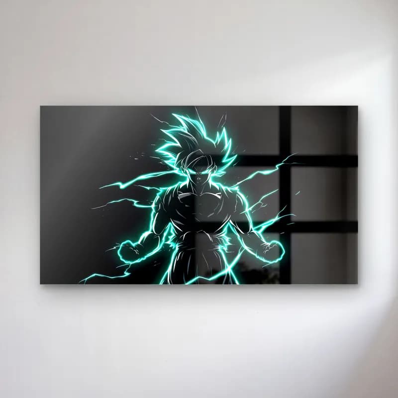 Goku Turkuaz Şimşek cam tablo — Siyah arka planda turkuaz neon şimşek çizgileriyle beliren Goku