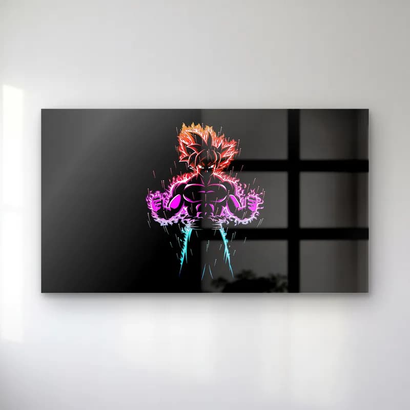 Dragon Ball Kızıl Auralı Savaşçı cam tablo — Siyah arka planda turuncu saçlı, pembe mor auralı kaslı anime savaşçısı