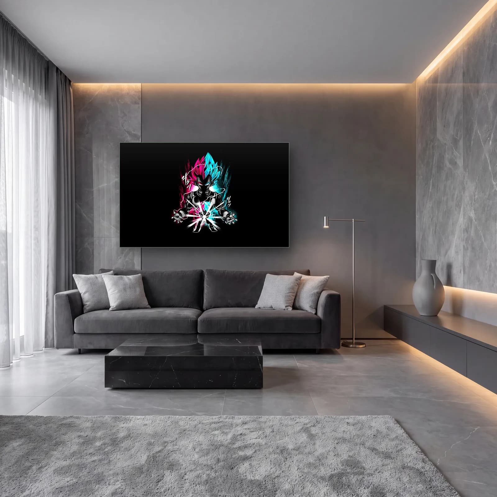 Dragon Ball Pembe Mavi Saiyan cam tablo — lüks salon duvarında