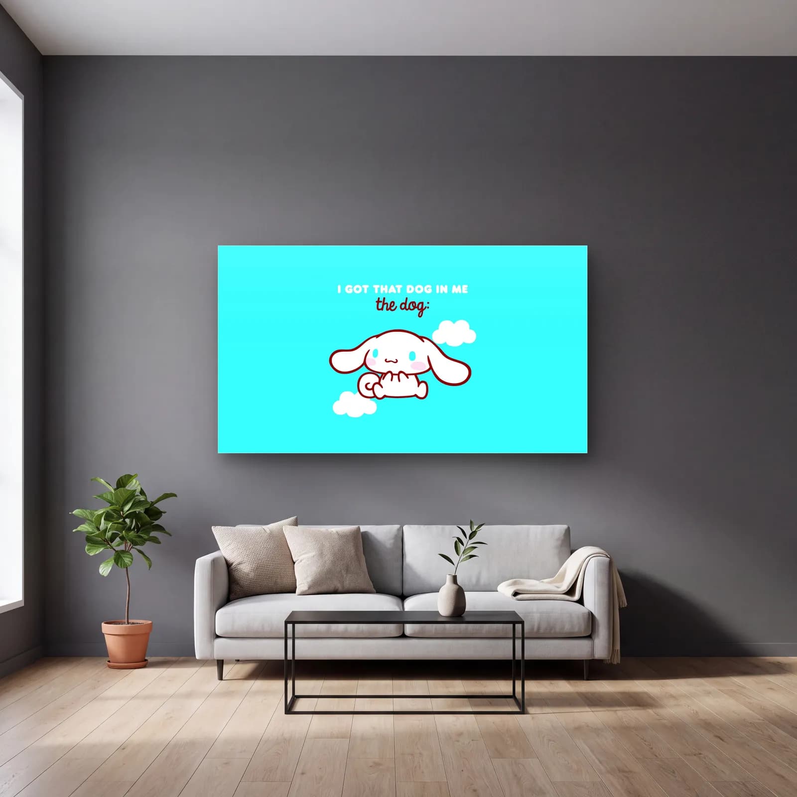 Cinnamoroll I Got That Dog cam tablo — gri duvarlı salonda