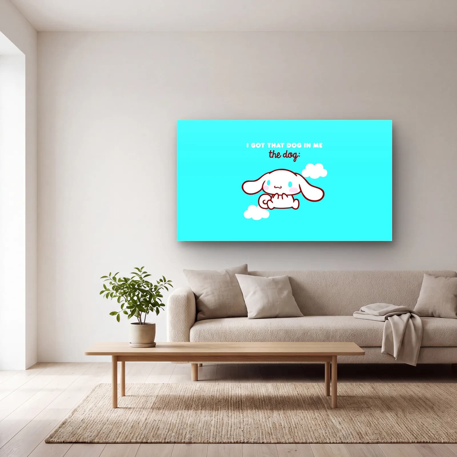 Cinnamoroll I Got That Dog cam tablo — açık renk salonda