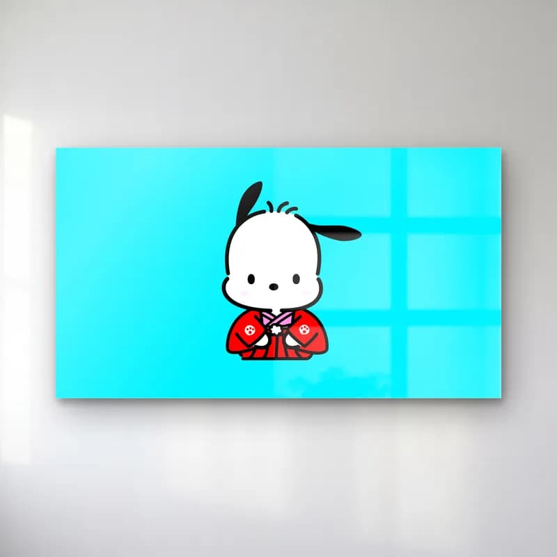 Kimonolu Pochacco cam tablo — Turkuaz arka planda kırmızı çiçek desenli kimono giymiş beyaz köpek Pochacco