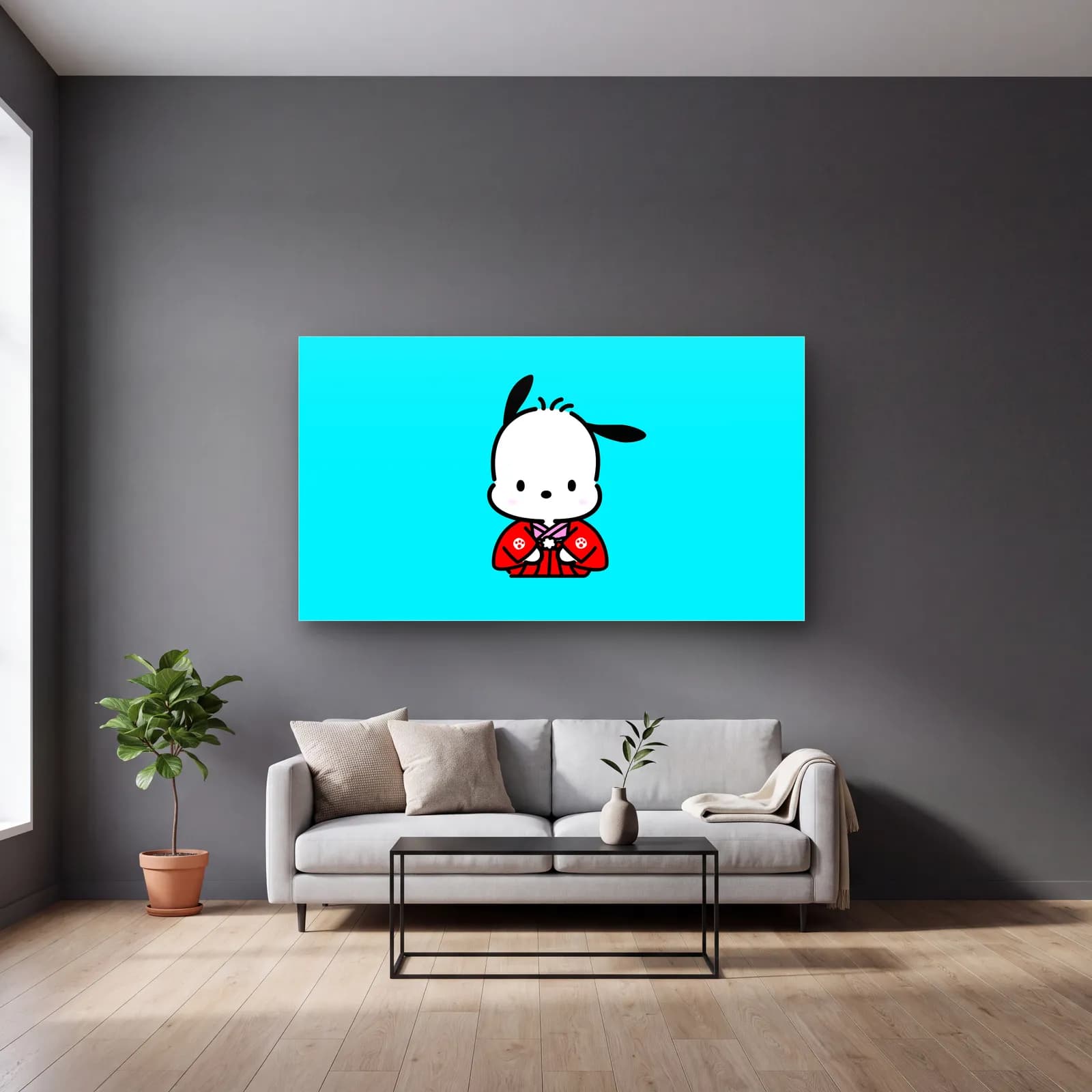 Kimonolu Pochacco cam tablo — gri duvarlı salonda