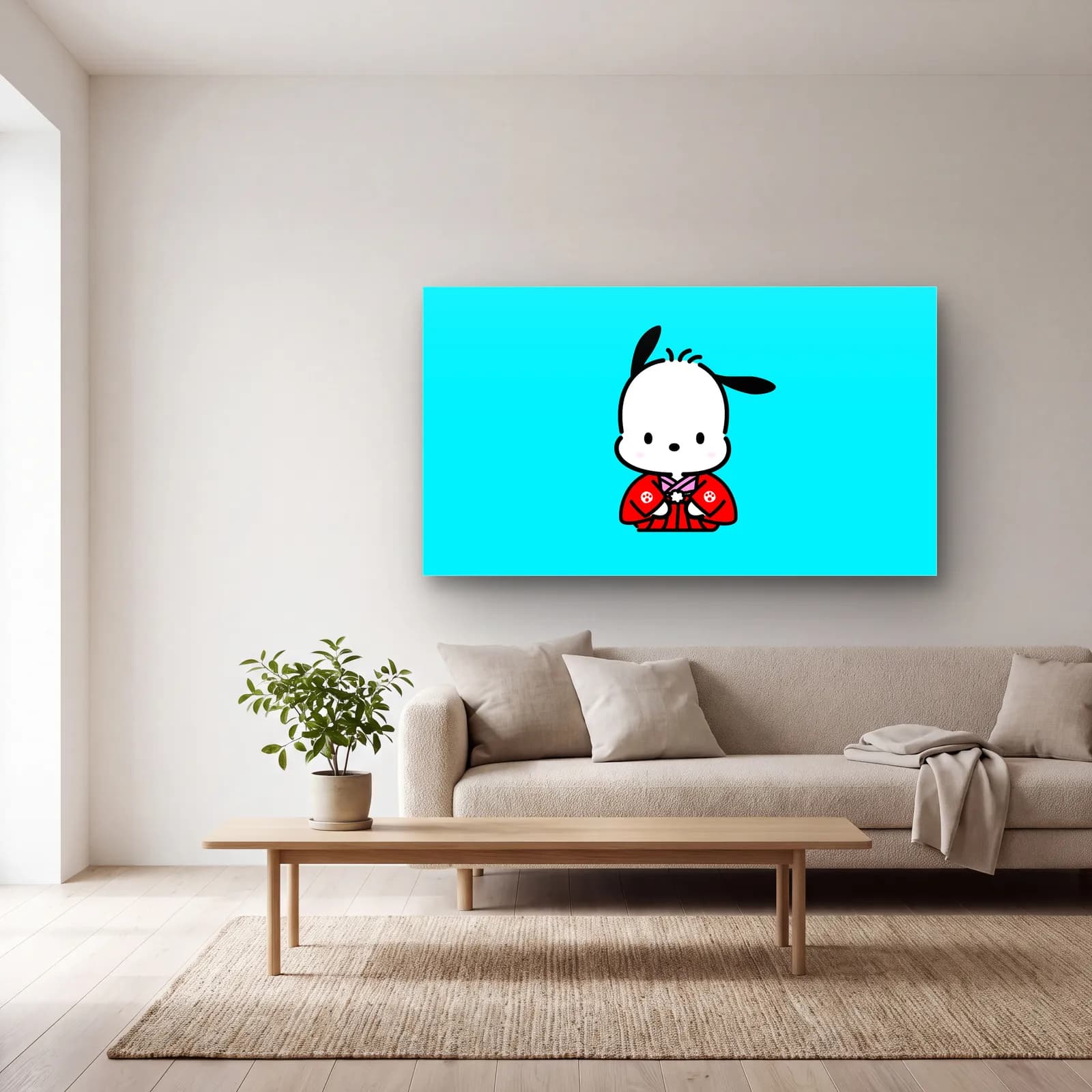 Kimonolu Pochacco cam tablo — açık renk salonda