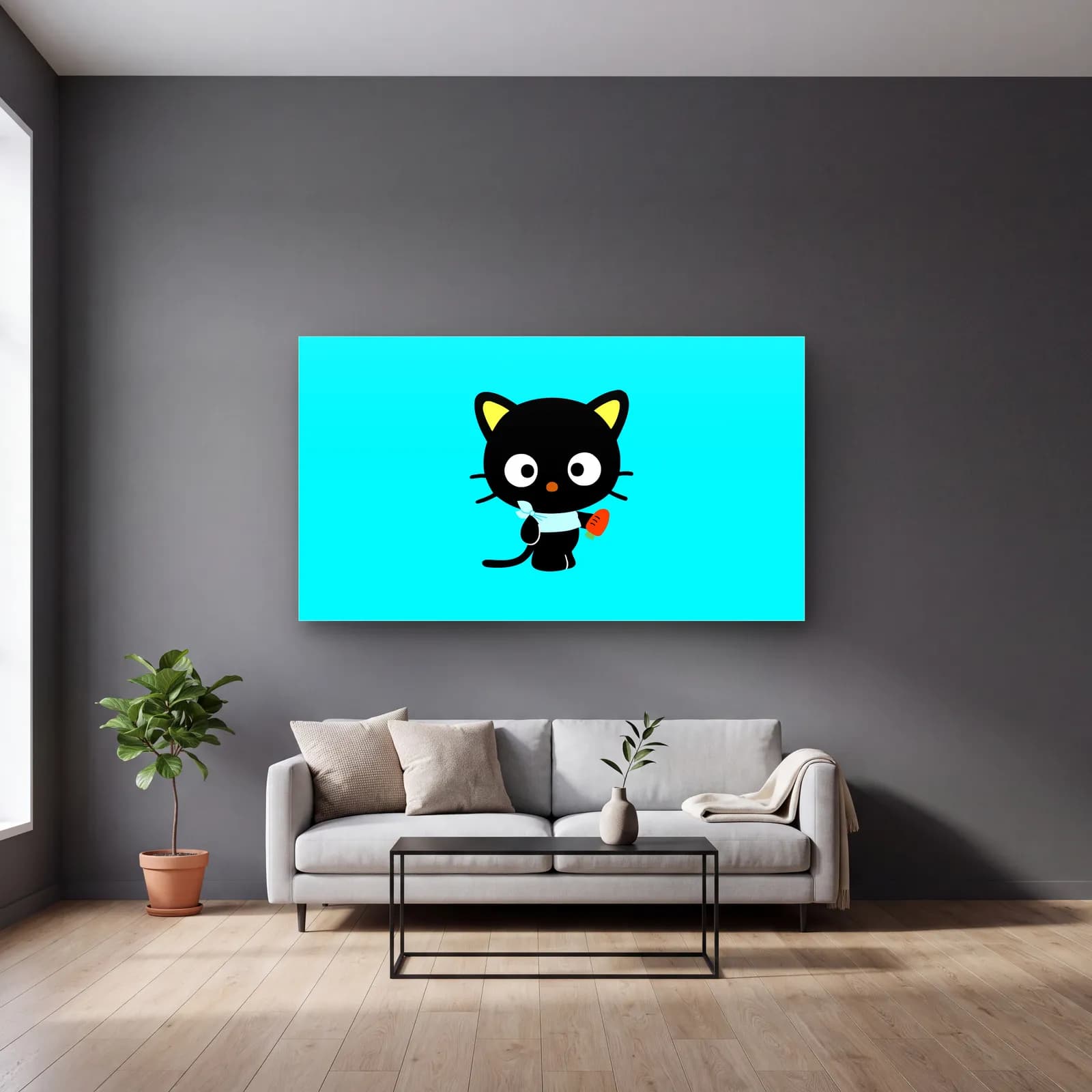 Sevimli Chococat cam tablo — gri duvarlı salonda