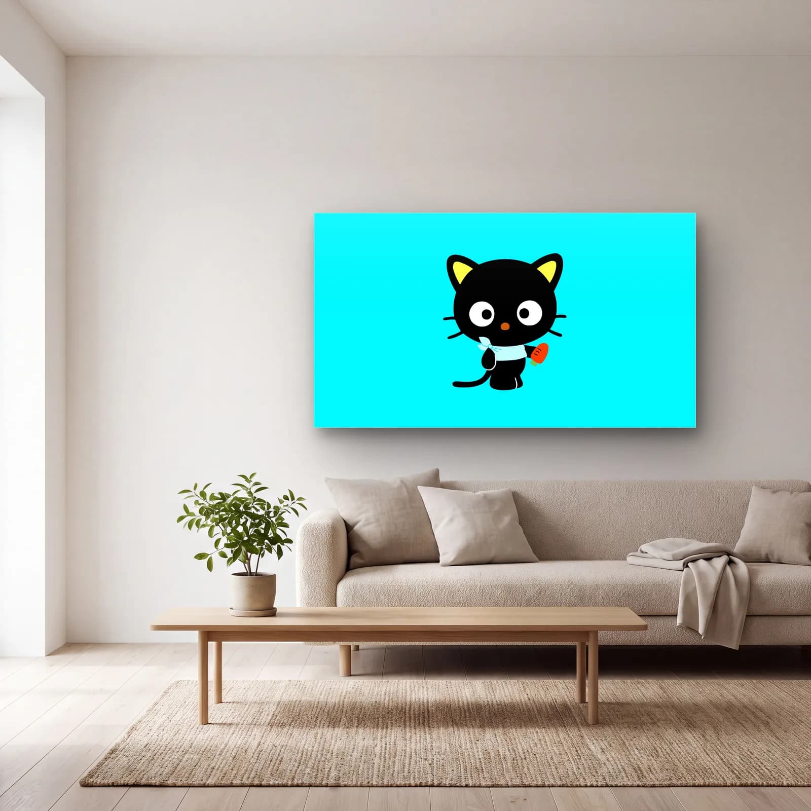 Sevimli Chococat cam tablo — açık renk salonda