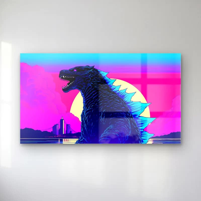 Synthwave Godzilla cam tablo — Pembe mor gökyüzünde sarı güneş önünde kükreyen mavi sırtlı Godzilla silueti