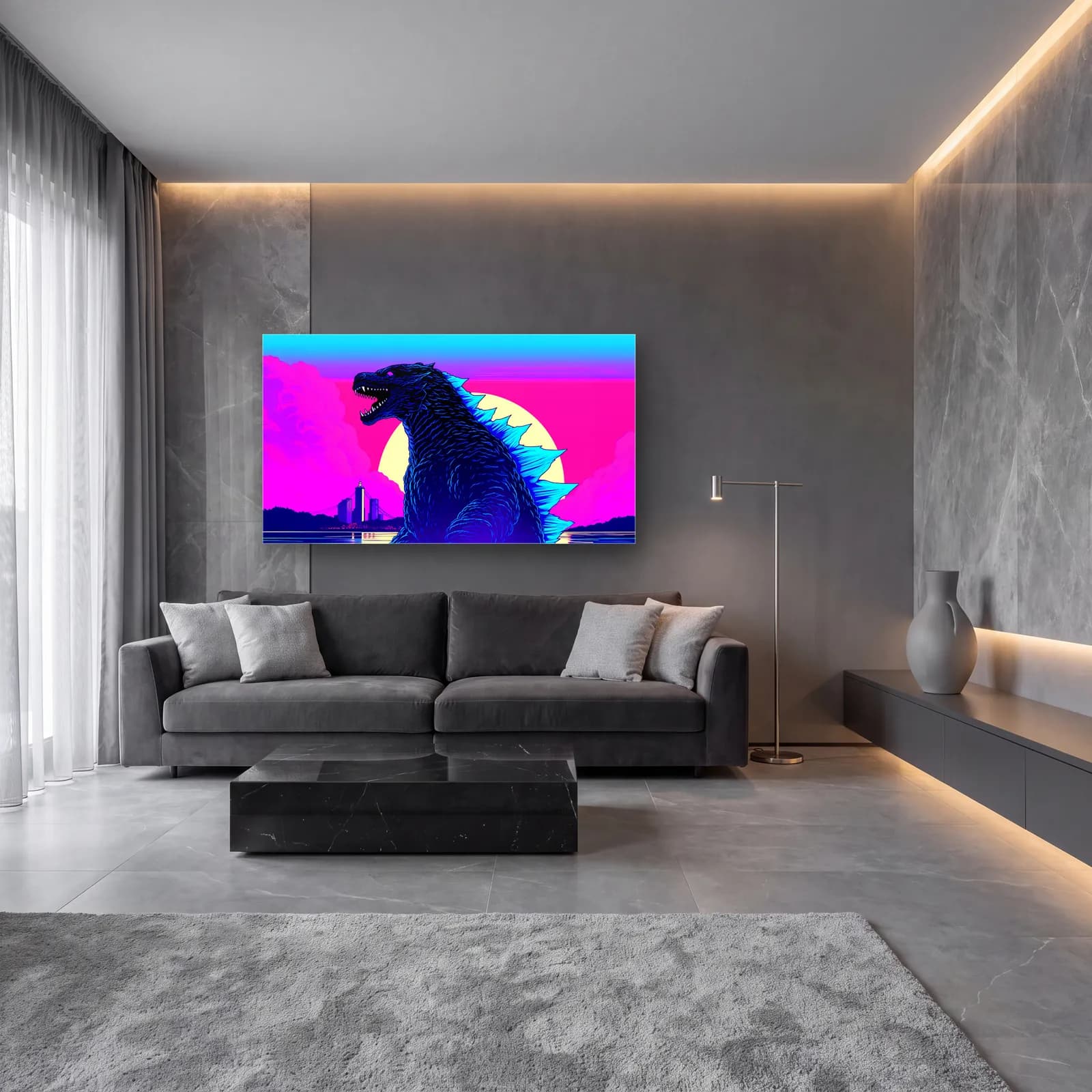 Synthwave Godzilla cam tablo — lüks salon duvarında
