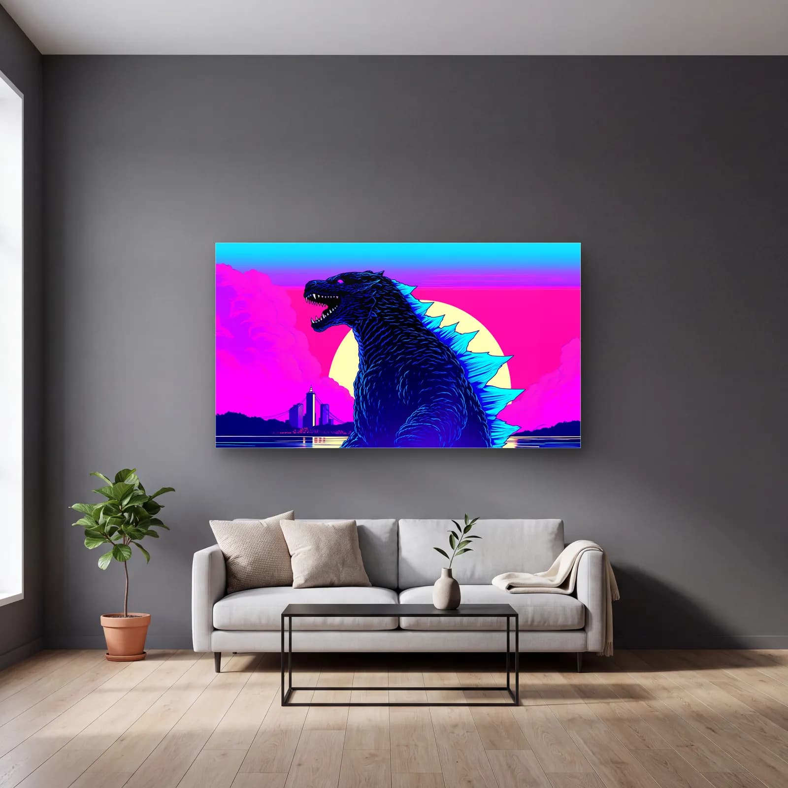 Synthwave Godzilla cam tablo — gri duvarlı salonda