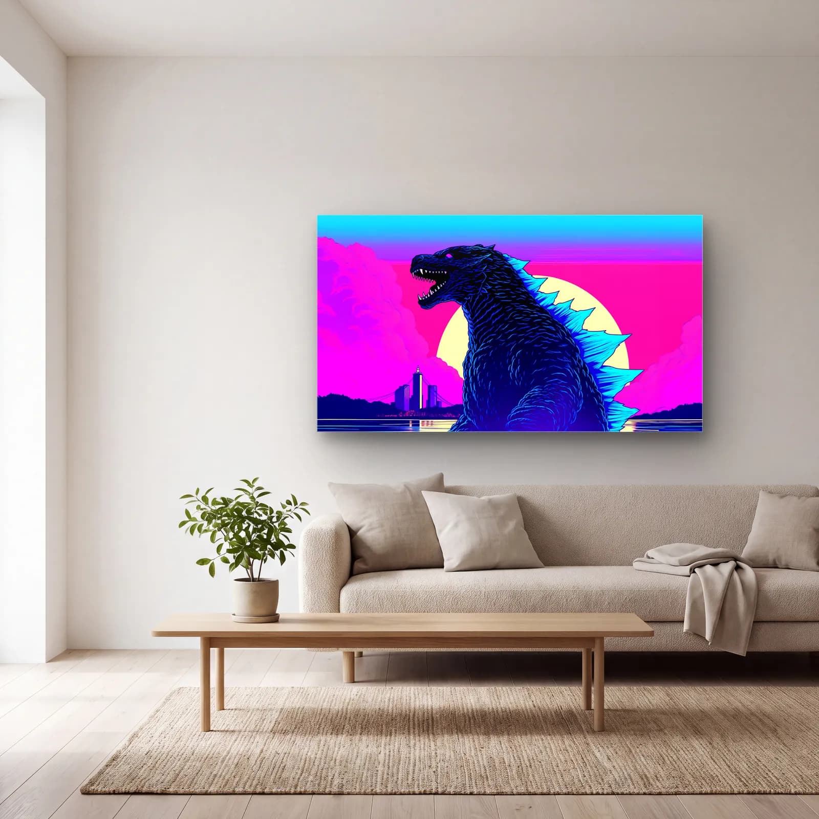 Synthwave Godzilla cam tablo — açık renk salonda