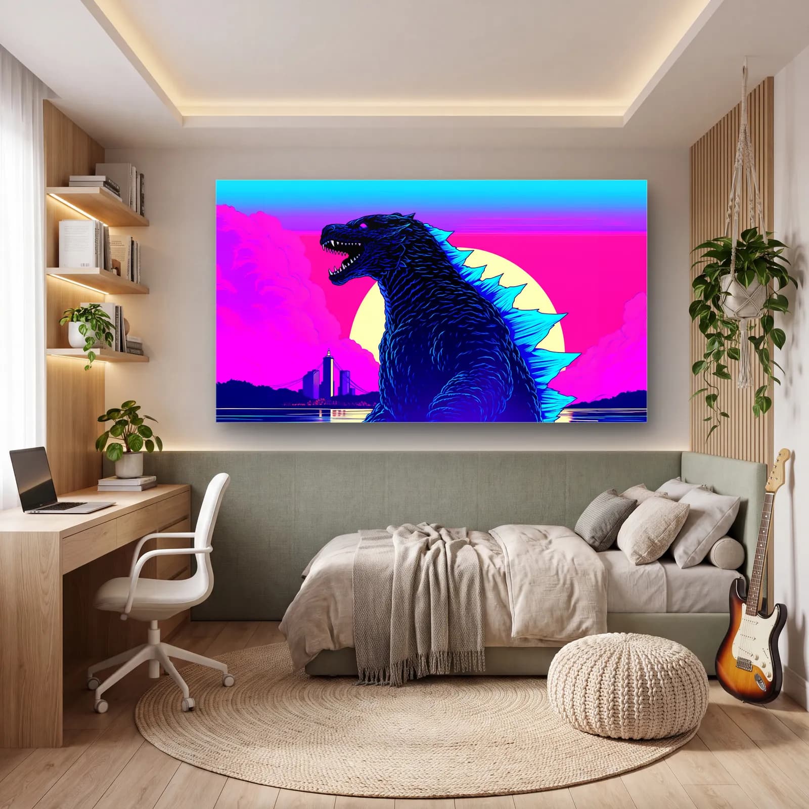 Synthwave Godzilla cam tablo — genç odasında