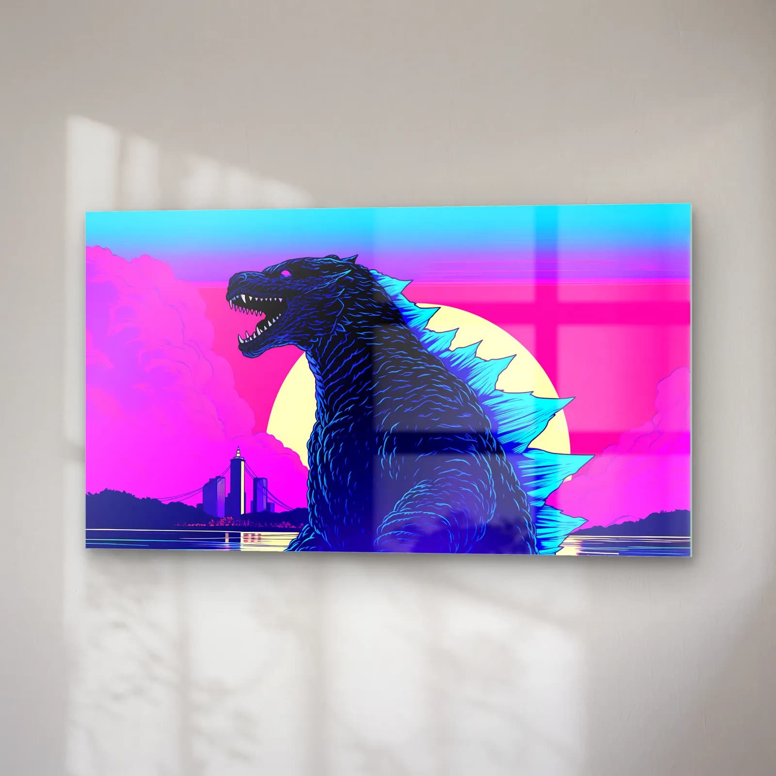 Synthwave Godzilla cam tablo — sağ açıdan görünüm