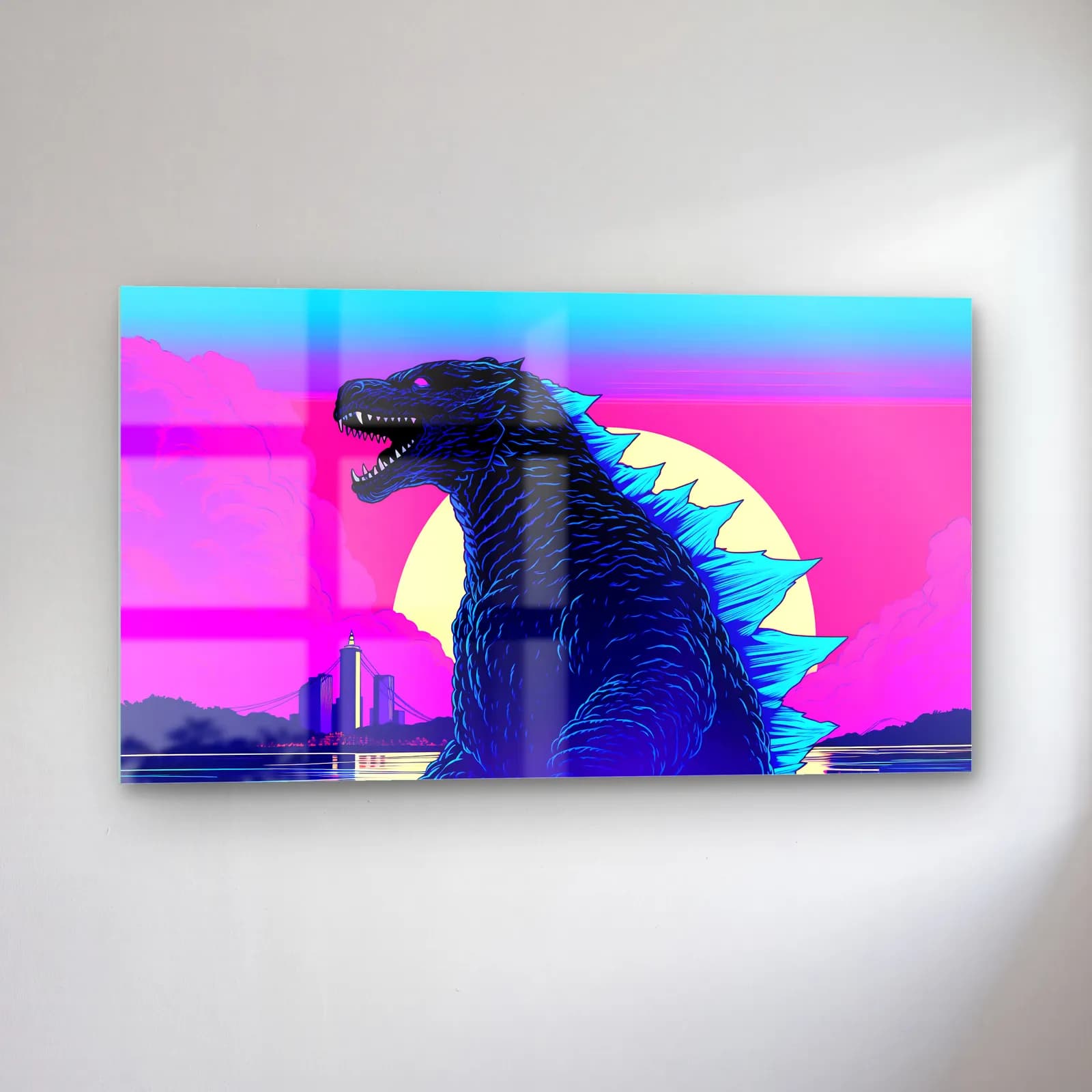 Synthwave Godzilla cam tablo — sol açıdan görünüm