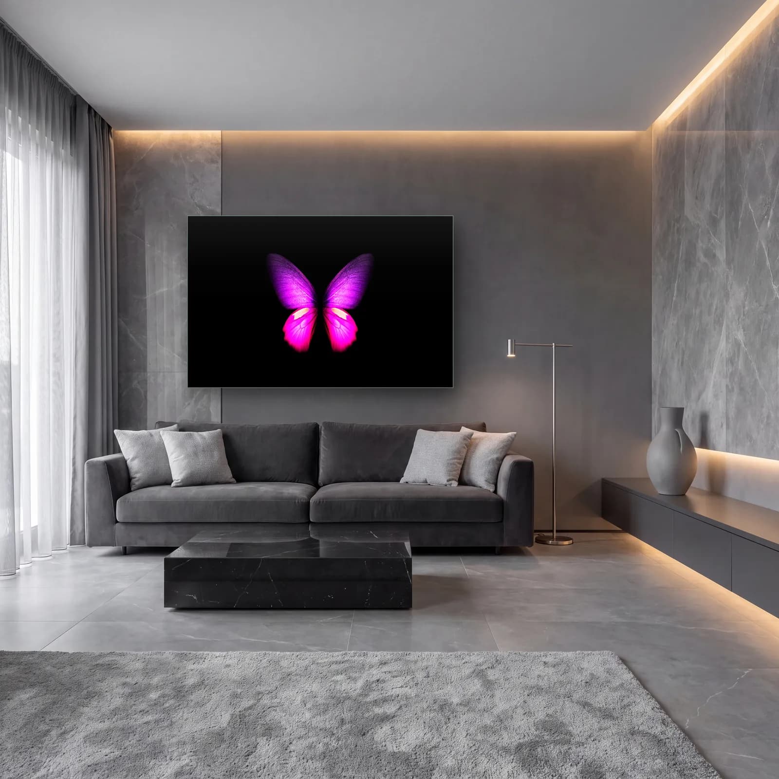 Neon Pembe Kelebek cam tablo — lüks salon duvarında