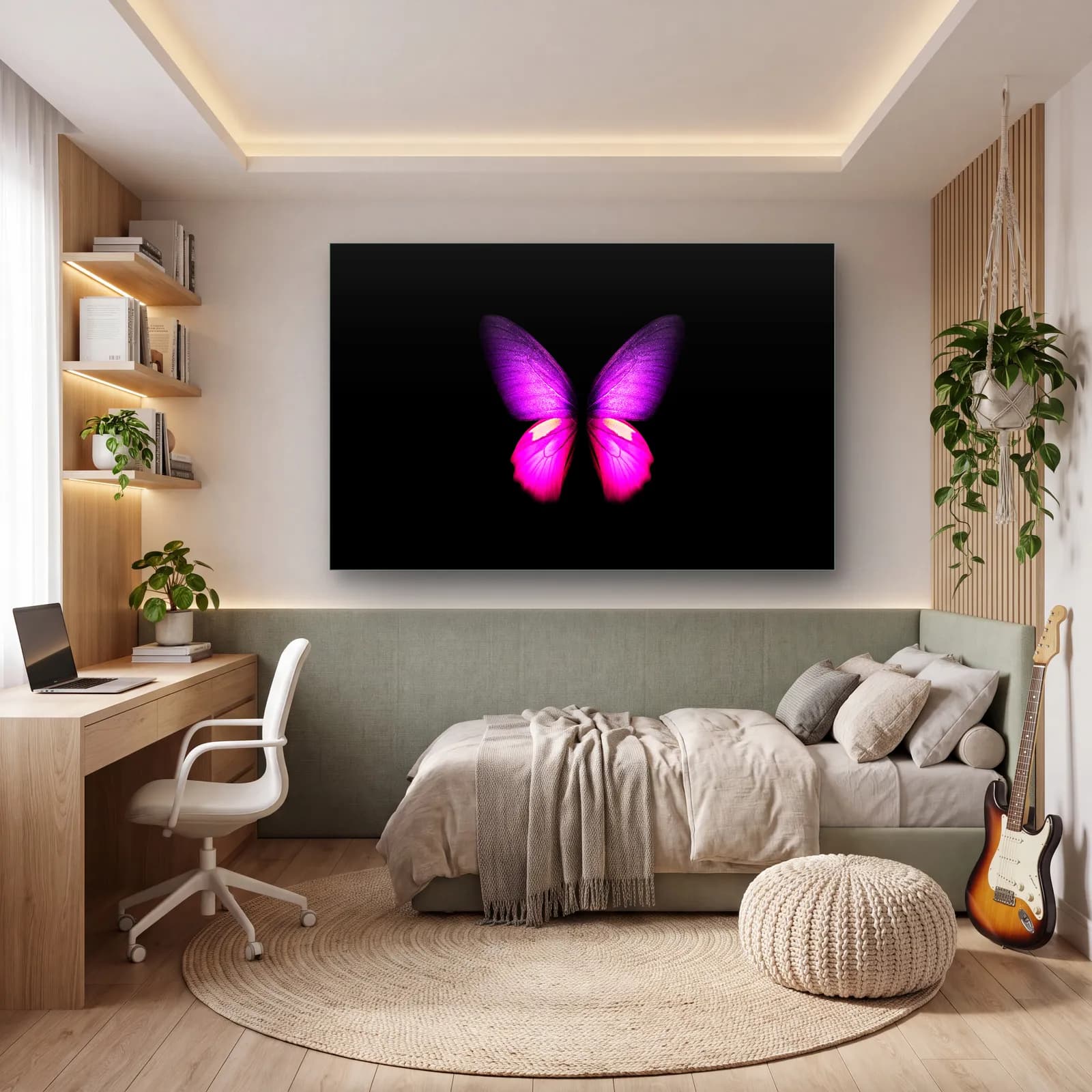 Neon Pembe Kelebek cam tablo — genç odasında