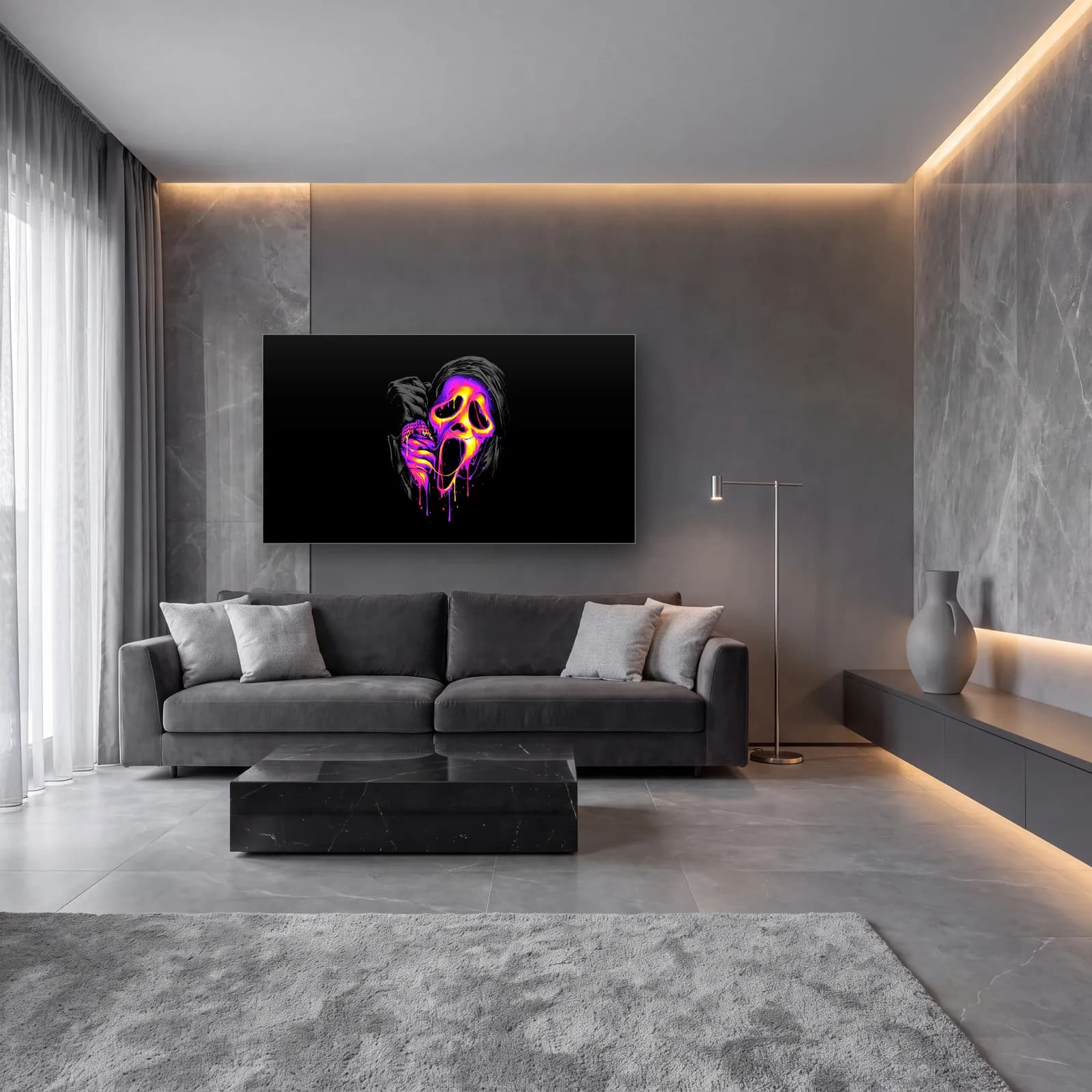 Neon Çığlık Maskesi cam tablo — lüks salon duvarında