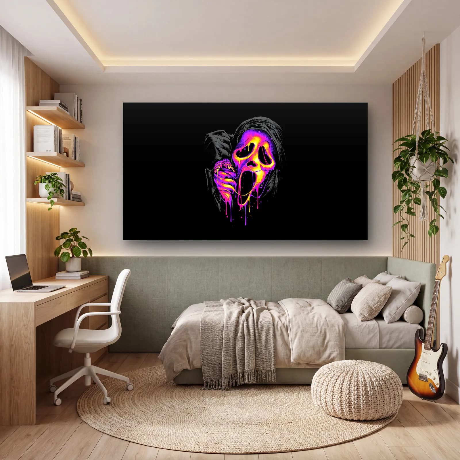 Neon Çığlık Maskesi cam tablo — genç odasında