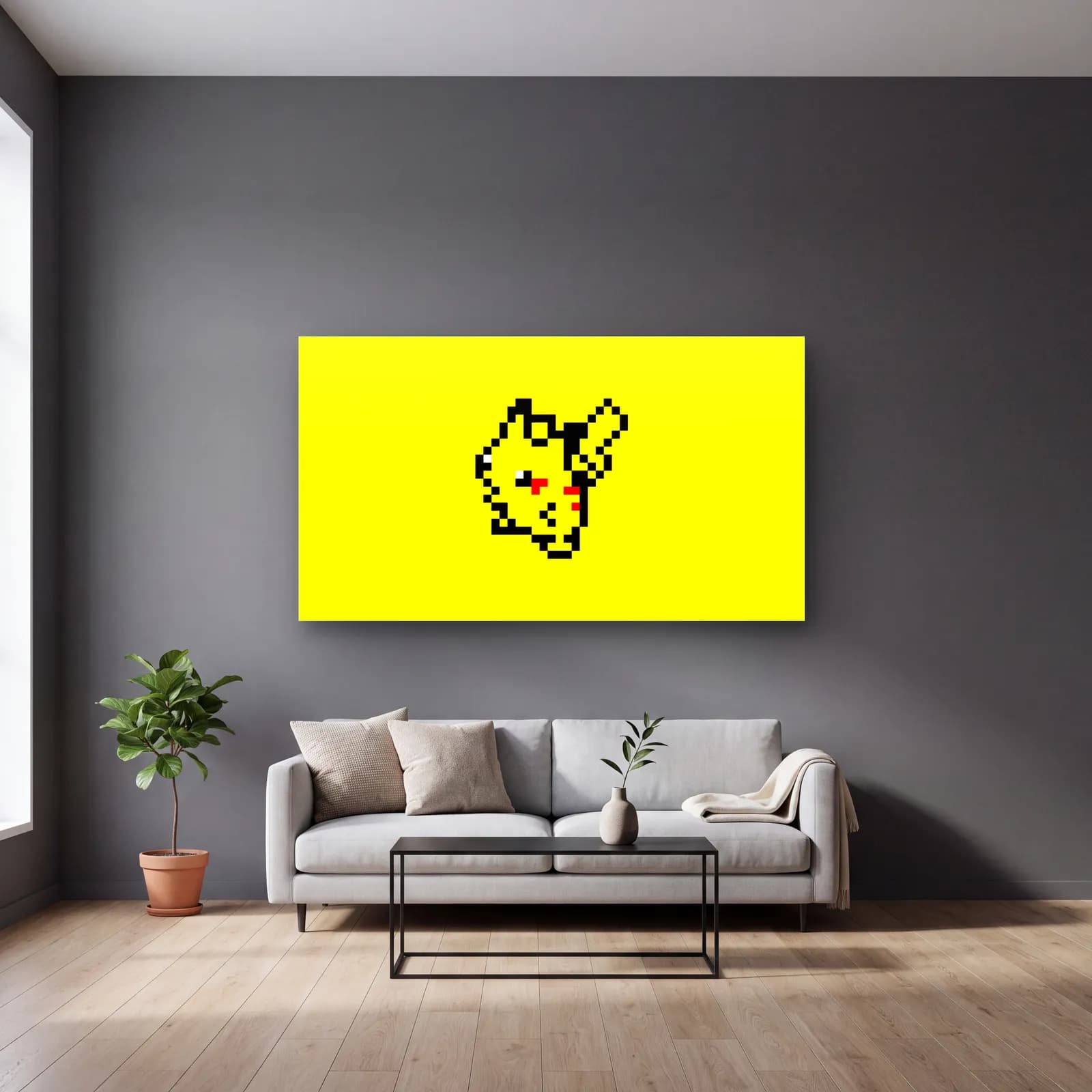 Piksel Pikachu cam tablo — gri duvarlı salonda