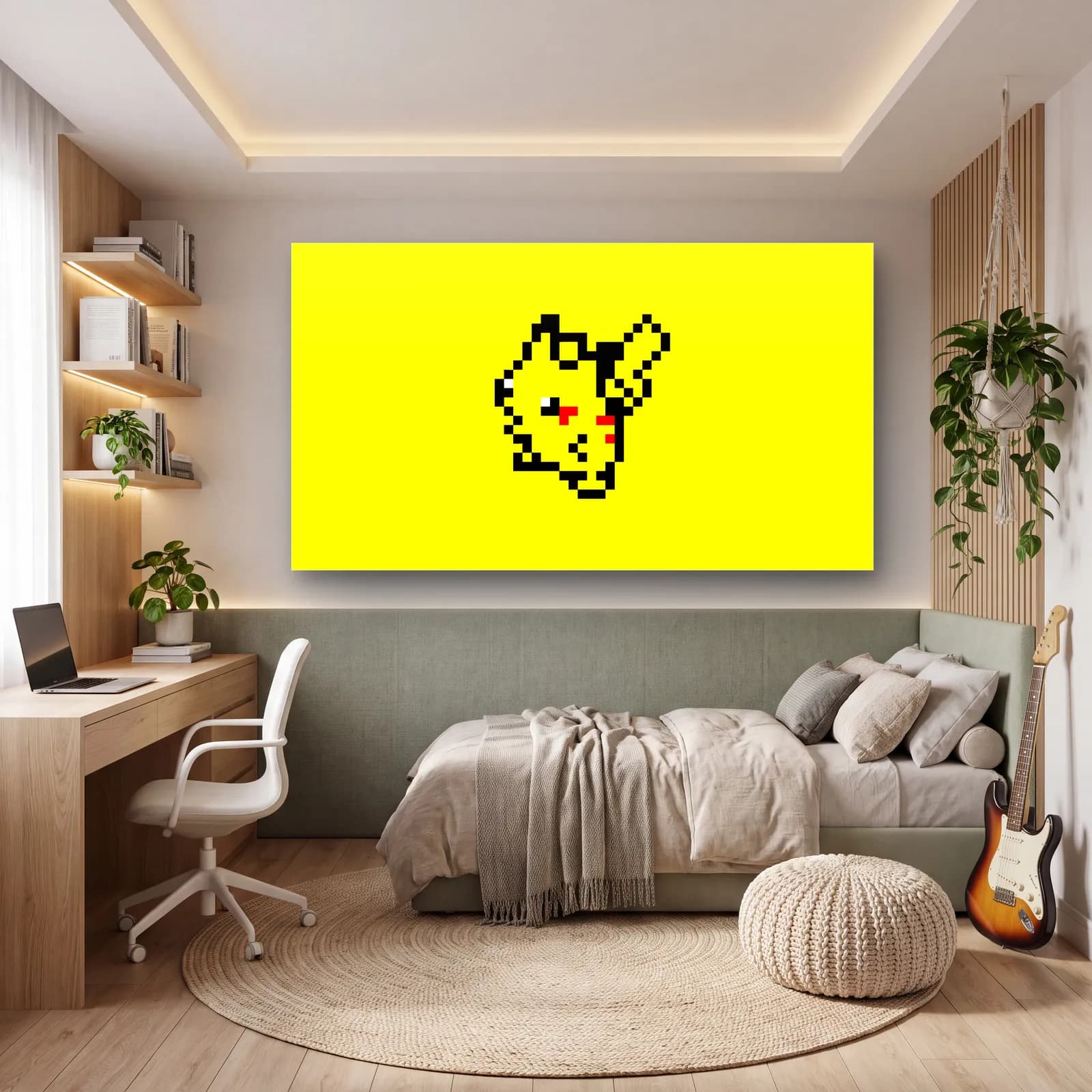 Piksel Pikachu cam tablo — genç odasında