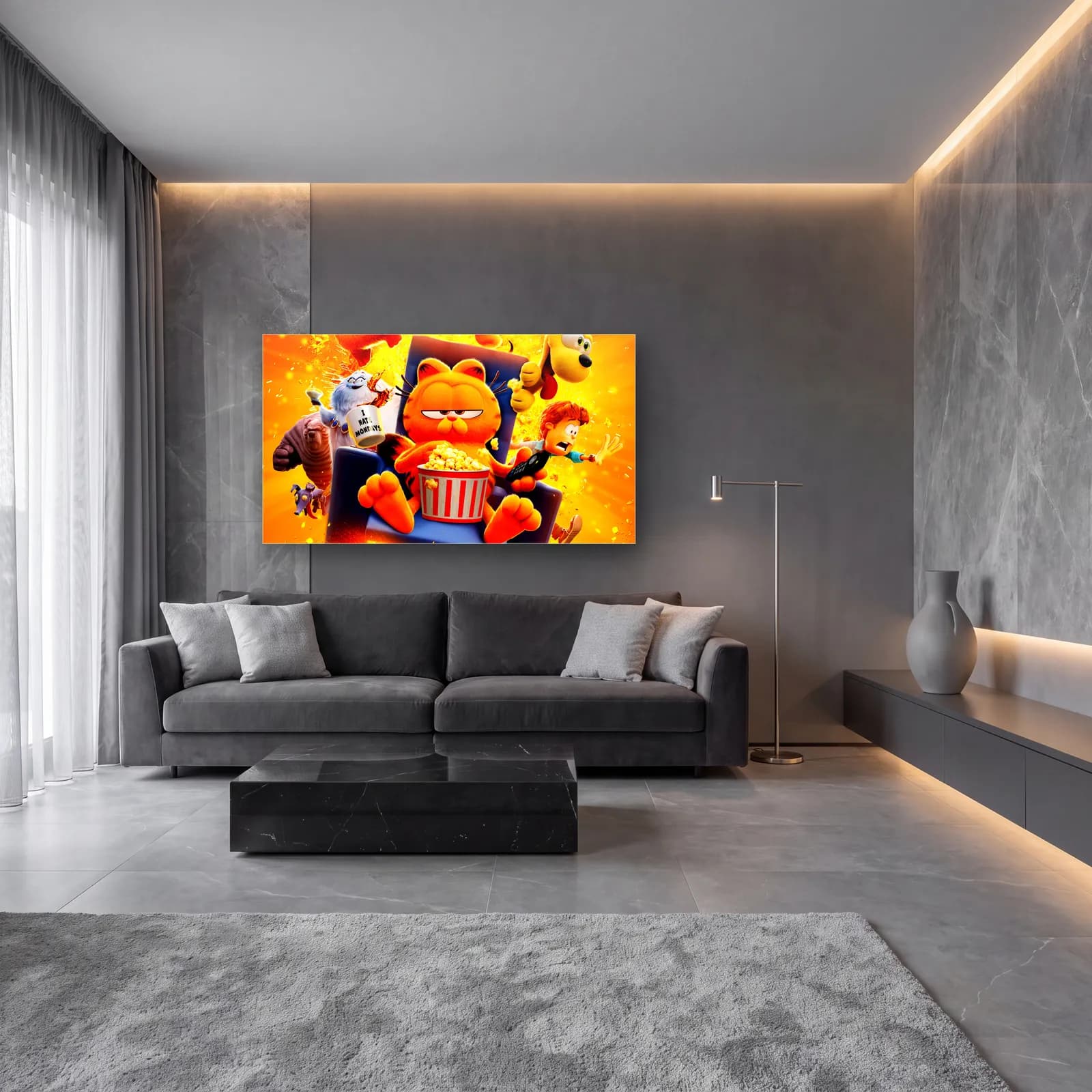 Patlamış Mısırlı Garfield cam tablo — lüks salon duvarında