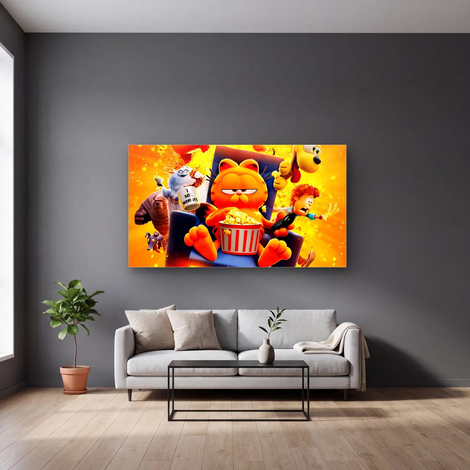 Patlamış Mısırlı Garfield cam tablo — gri duvarlı salonda
