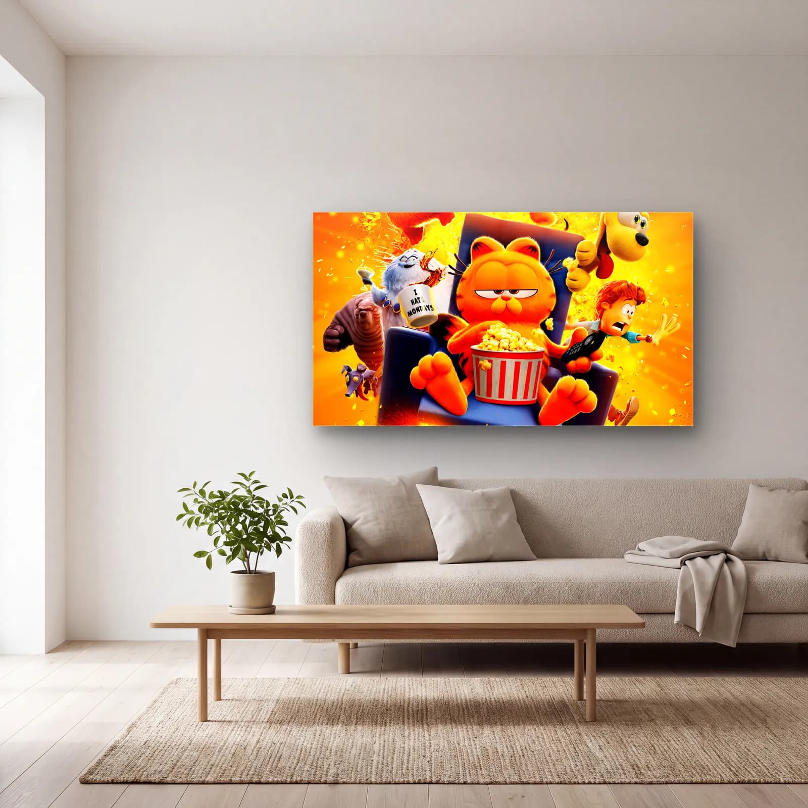 Patlamış Mısırlı Garfield cam tablo — açık renk salonda