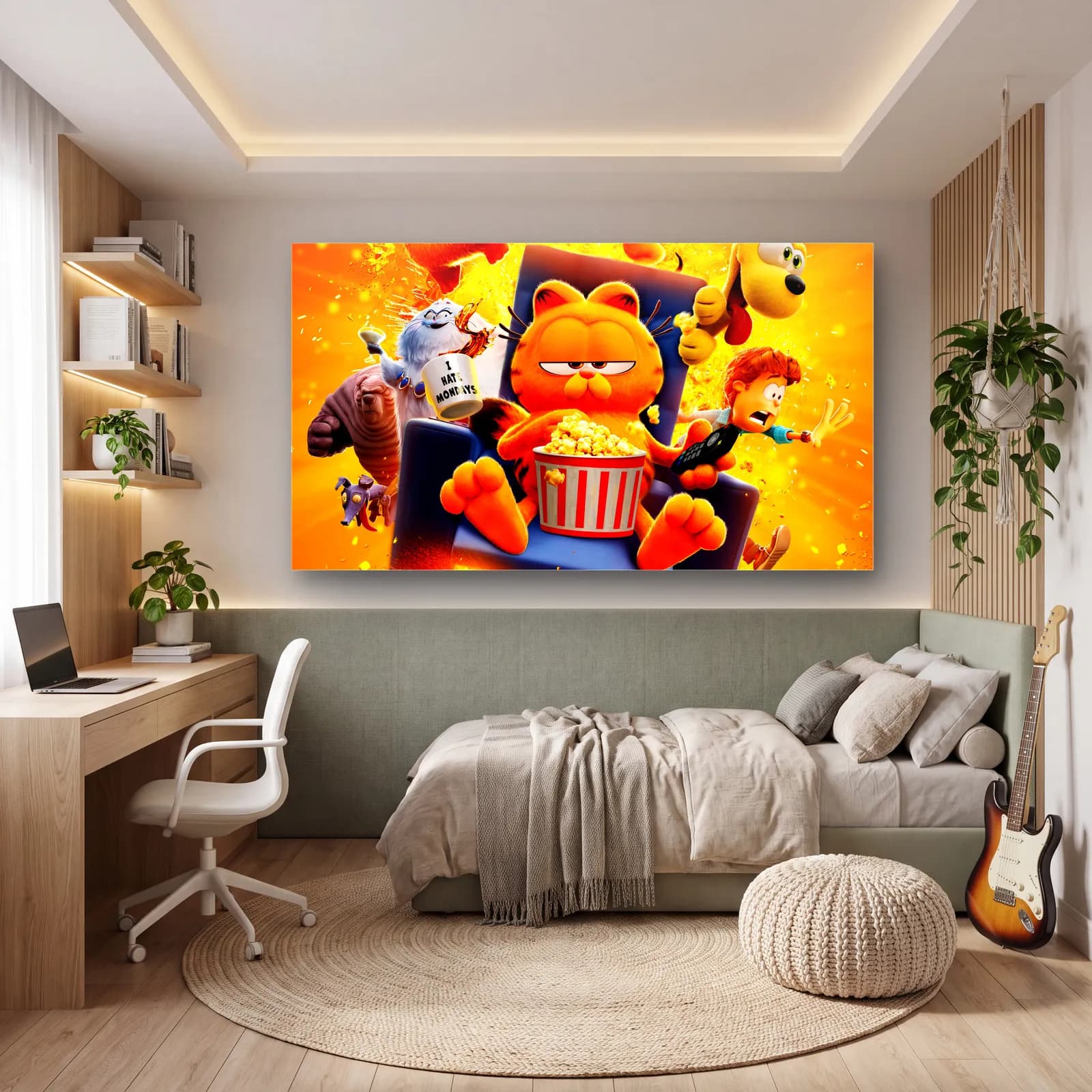 Patlamış Mısırlı Garfield cam tablo — genç odasında