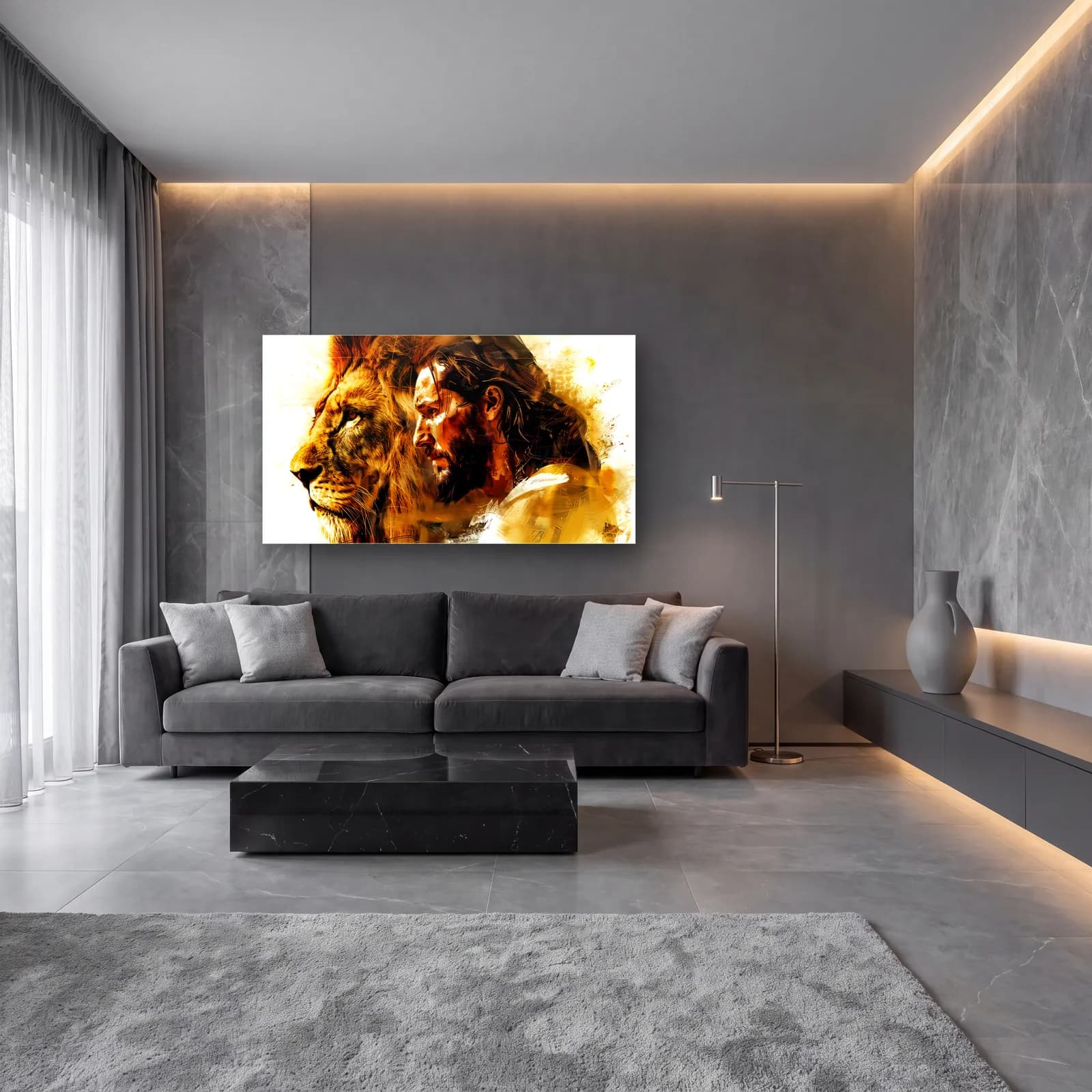 Aslan ve İsa Portresi cam tablo — lüks salon duvarında