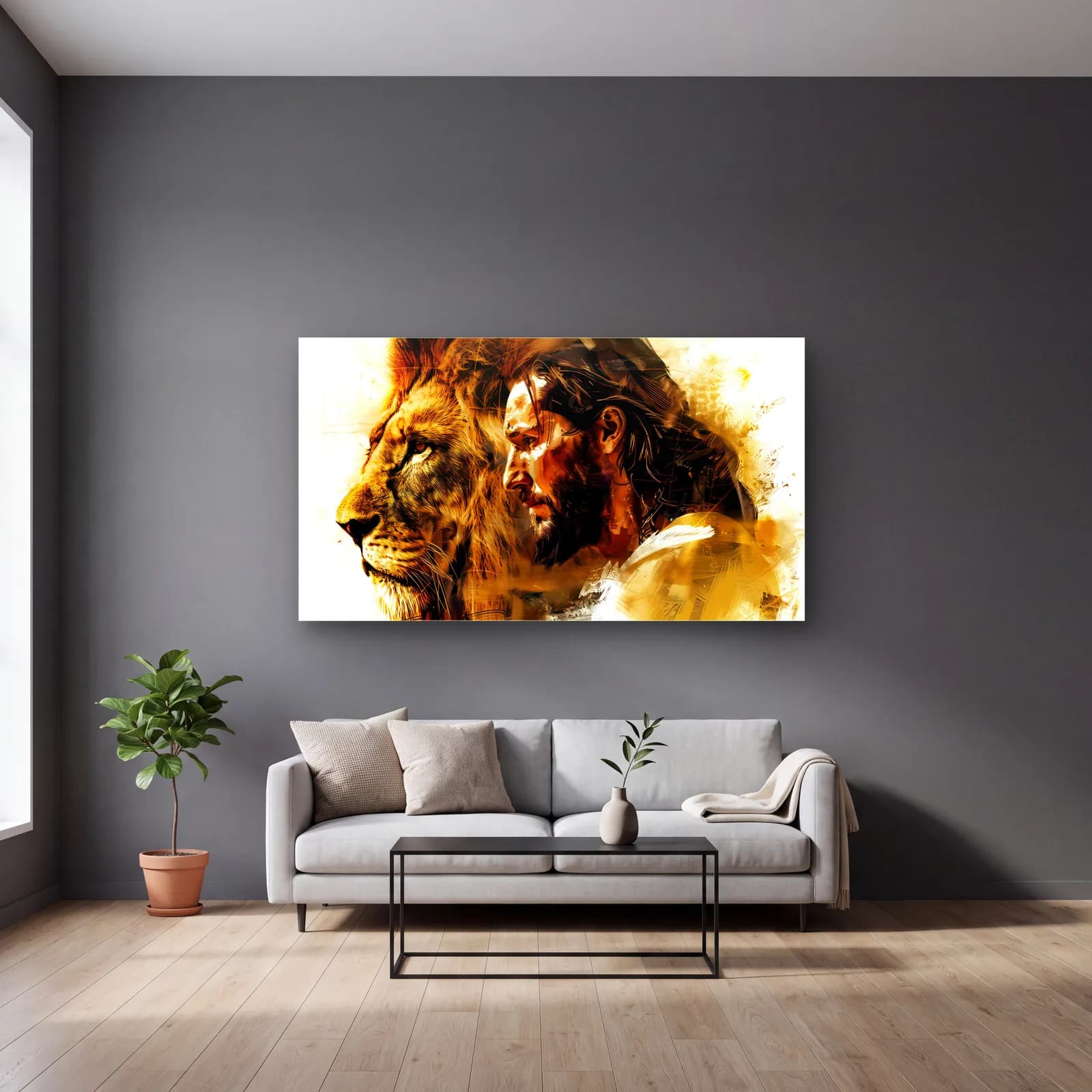 Aslan ve İsa Portresi cam tablo — gri duvarlı salonda