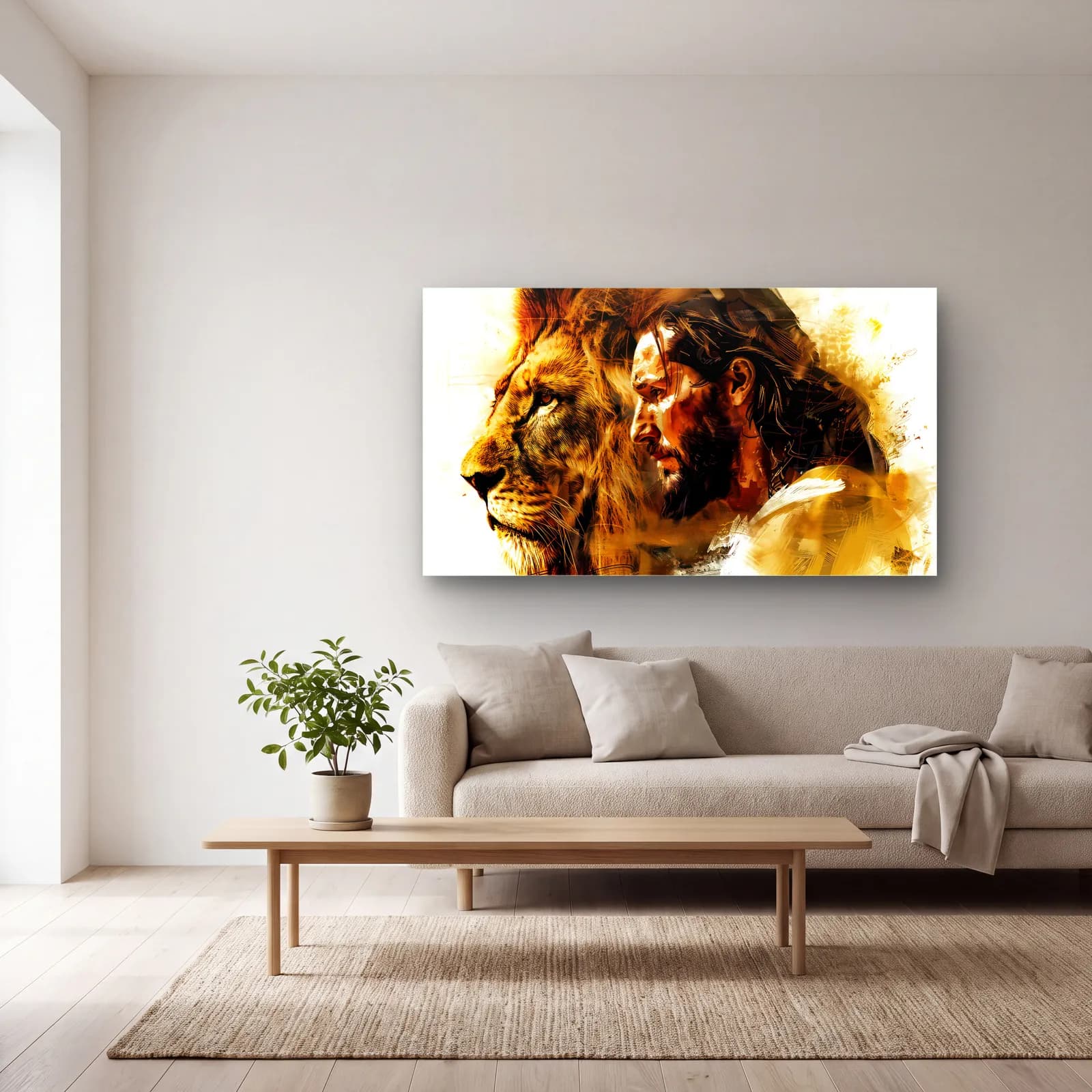 Aslan ve İsa Portresi cam tablo — açık renk salonda
