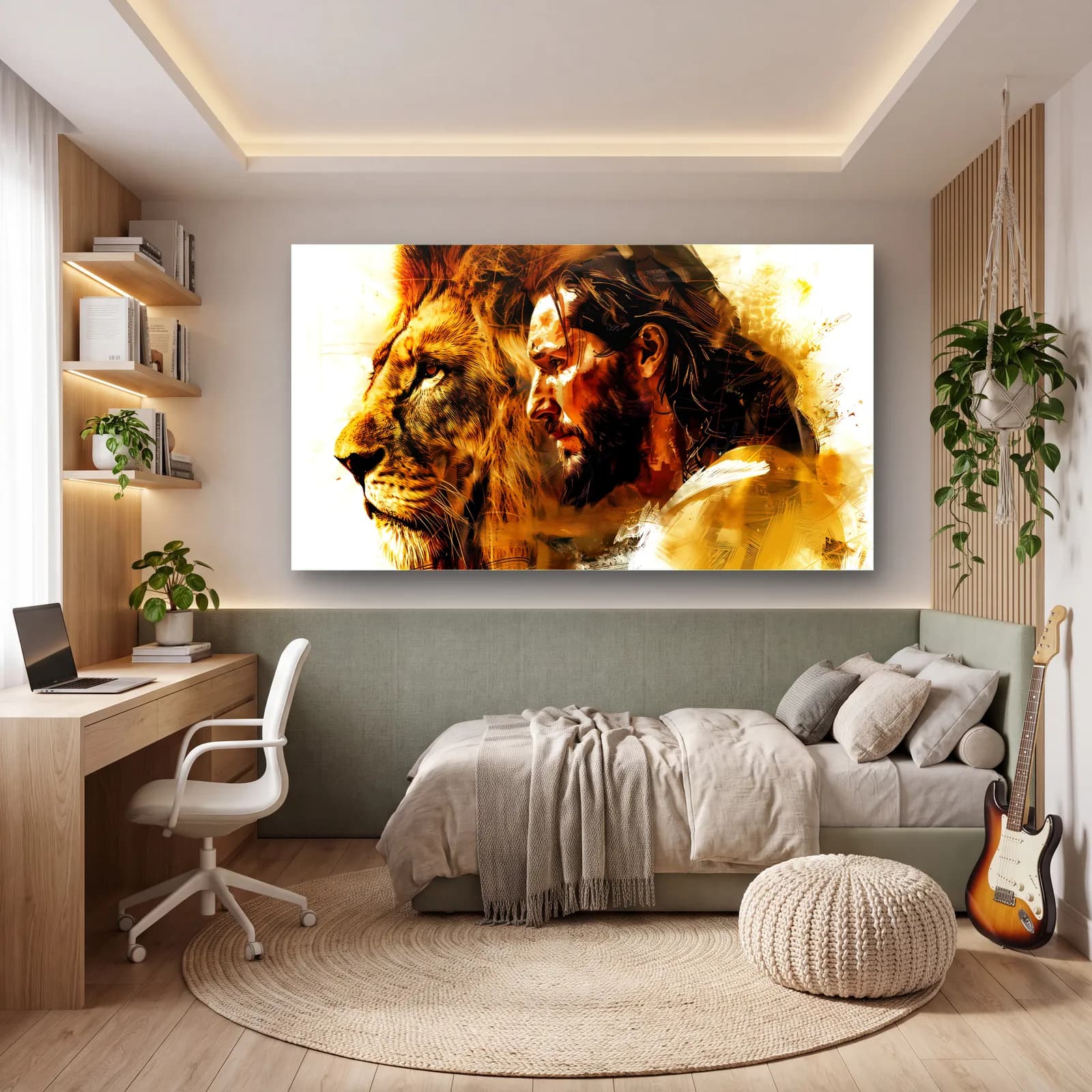 Aslan ve İsa Portresi cam tablo — genç odasında