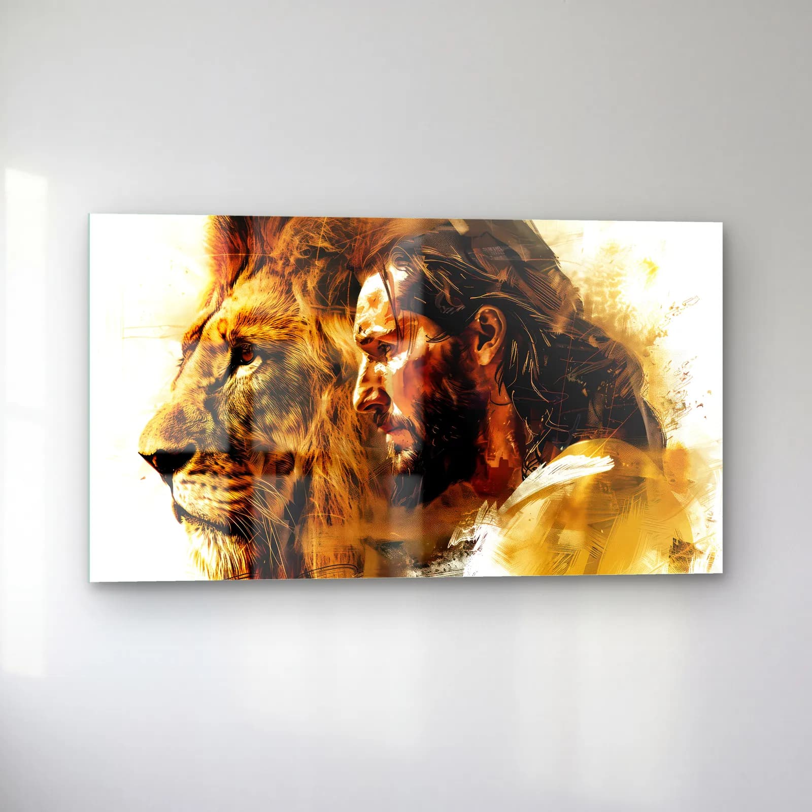 Aslan ve İsa Portresi cam tablo — sol açıdan görünüm