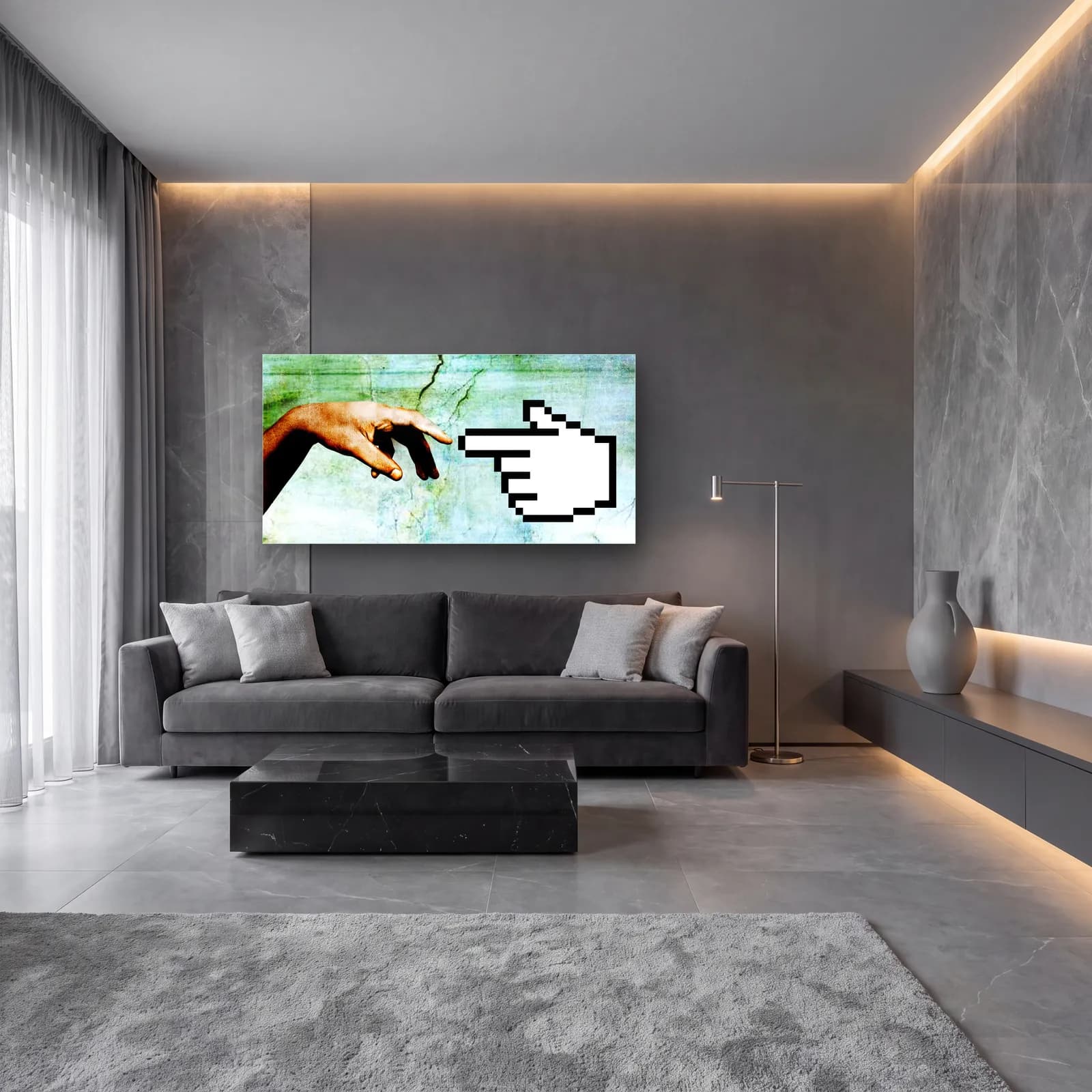 Piksel İmleçli Adem'in Yaratılışı cam tablo — lüks salon duvarında