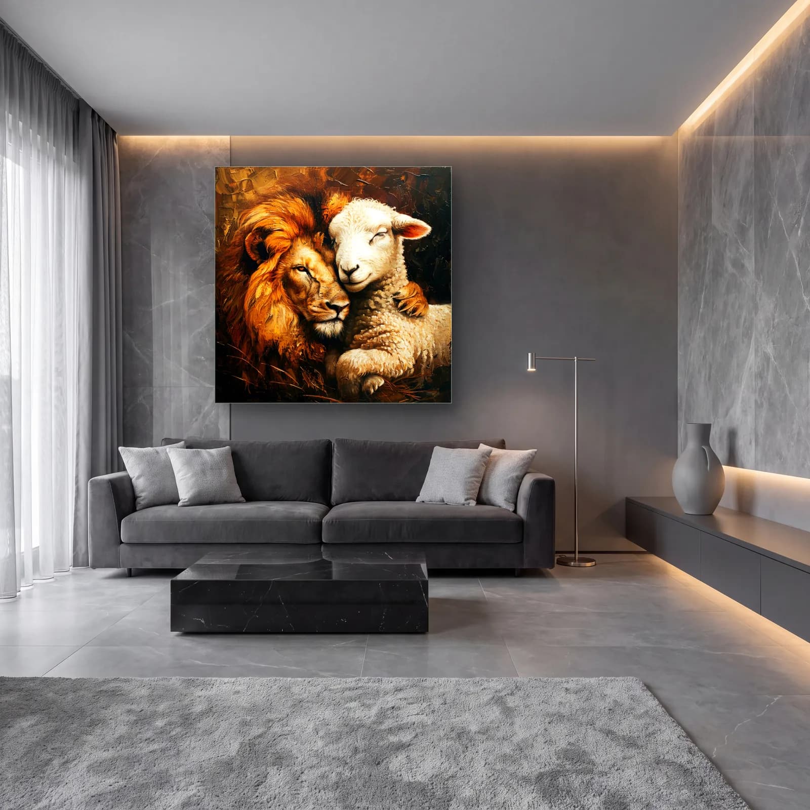 Aslan ve Kuzu cam tablo — lüks salon duvarında