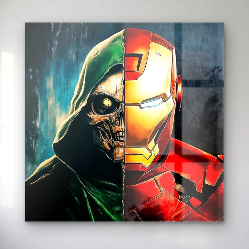 Yarım Kurukafa Yarım Iron Man cam tablo — Sol yarısı yeşil kapüşonlu kurukafa, sağ yarısı kırmızı altın Iron Man maskesi