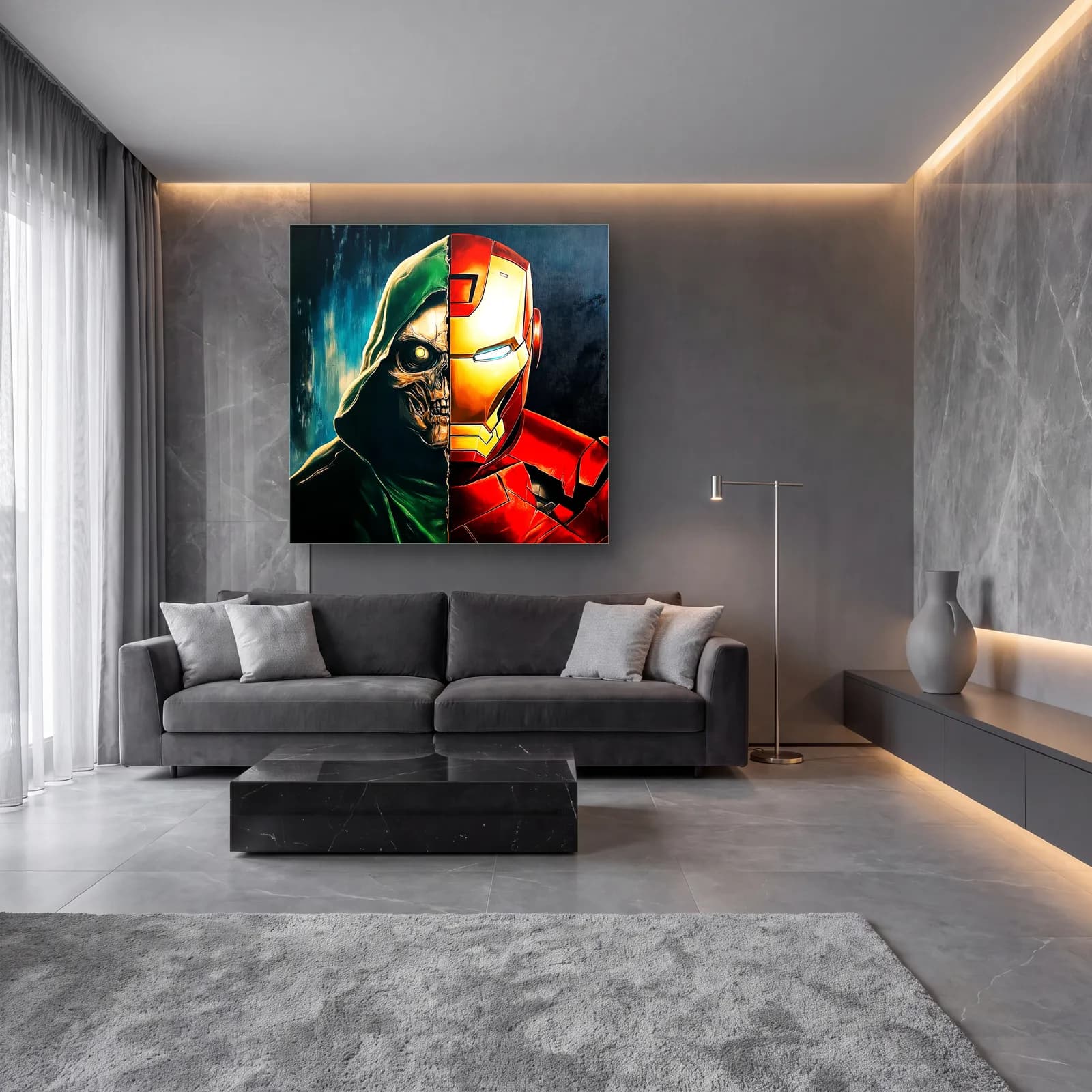 Yarım Kurukafa Yarım Iron Man cam tablo — lüks salon duvarında