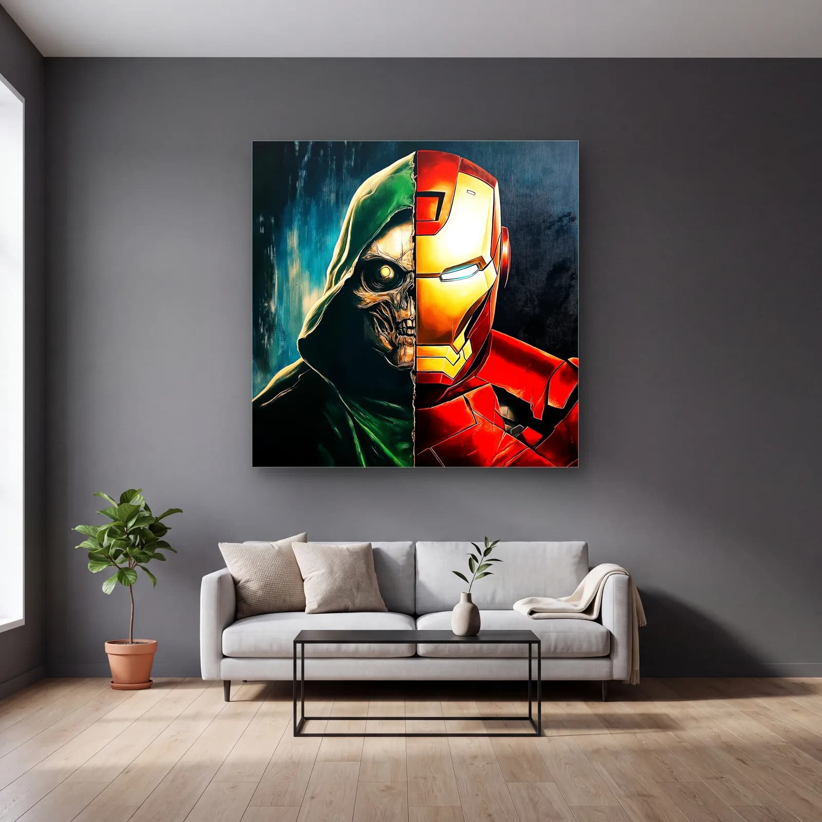 Yarım Kurukafa Yarım Iron Man cam tablo — gri duvarlı salonda