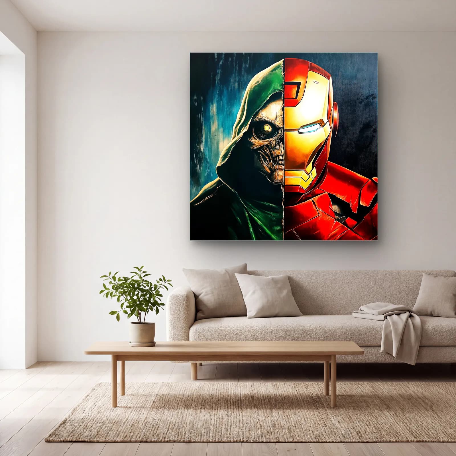 Yarım Kurukafa Yarım Iron Man cam tablo — açık renk salonda