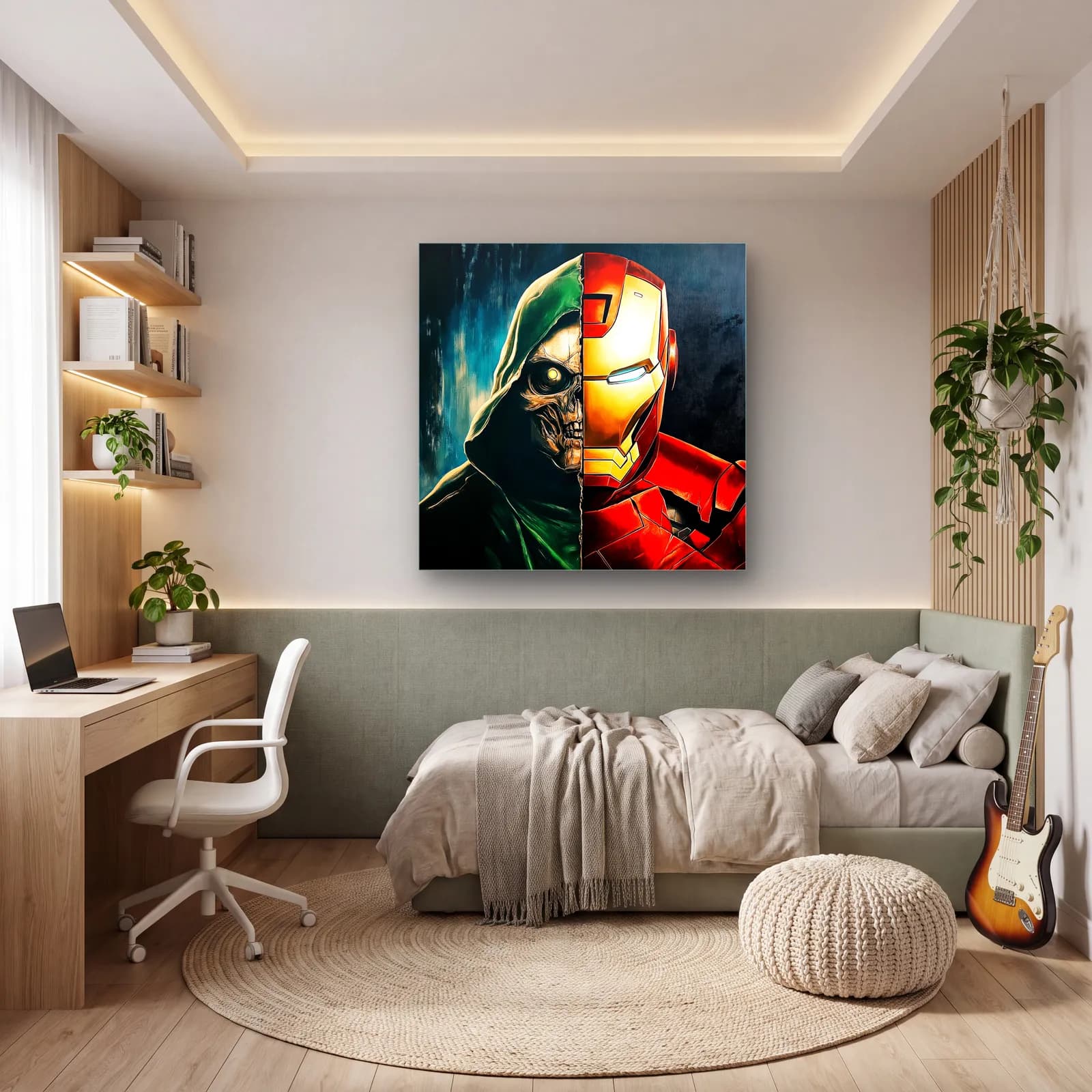 Yarım Kurukafa Yarım Iron Man cam tablo — genç odasında