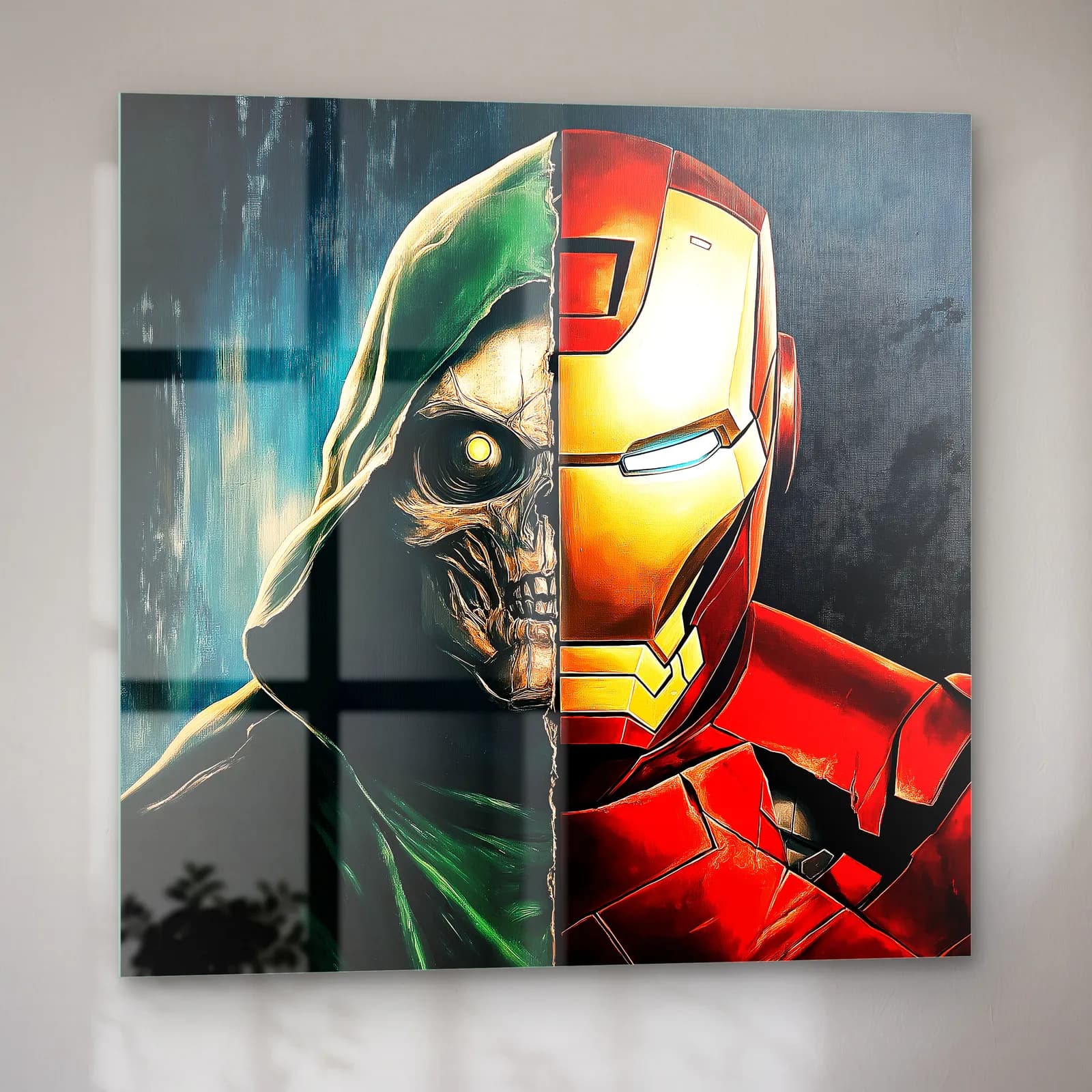 Yarım Kurukafa Yarım Iron Man cam tablo — sol açıdan görünüm