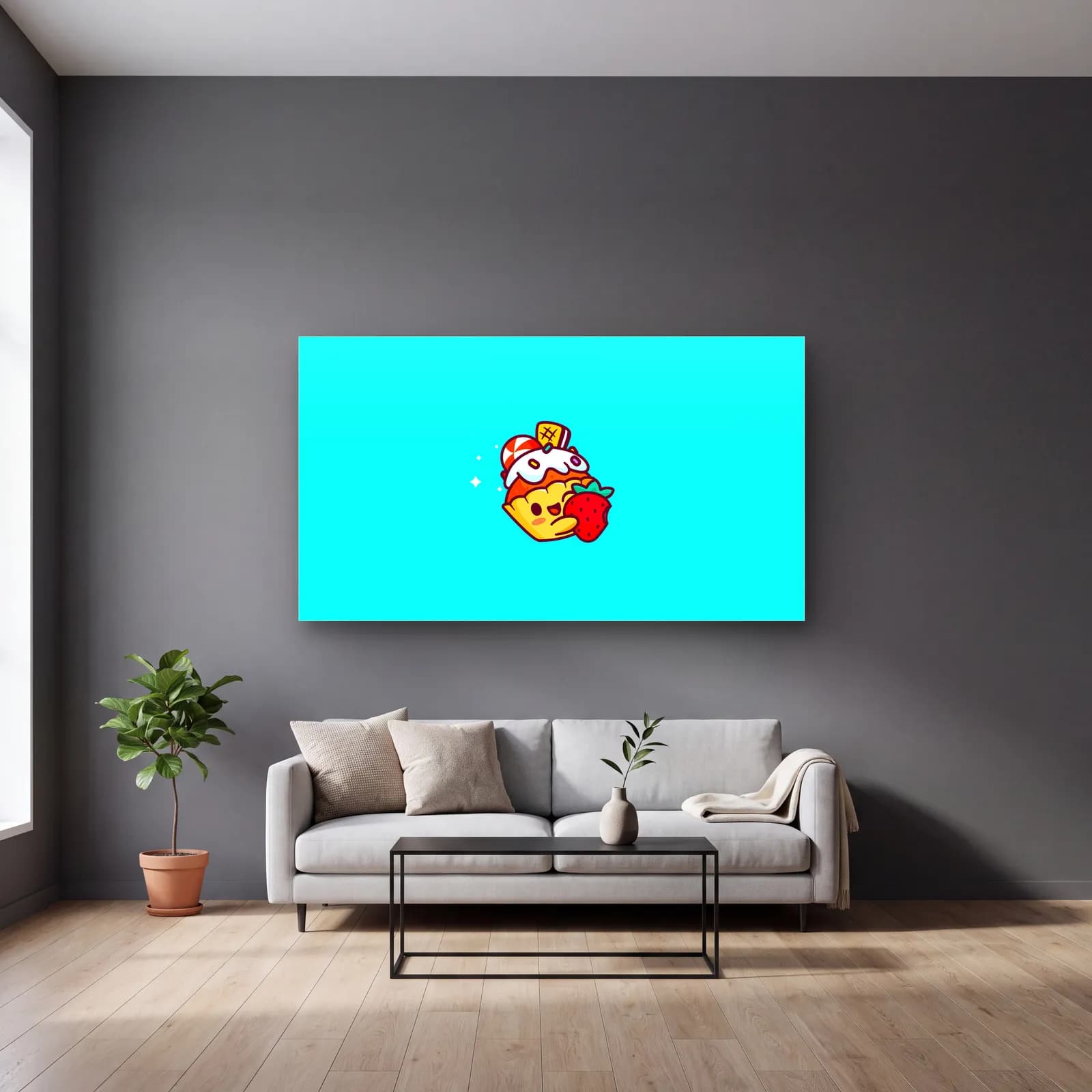 Kawaii Çilekli Cupcake cam tablo — gri duvarlı salonda