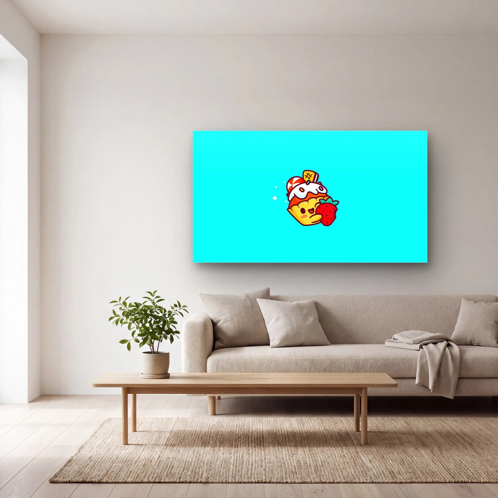 Kawaii Çilekli Cupcake cam tablo — açık renk salonda