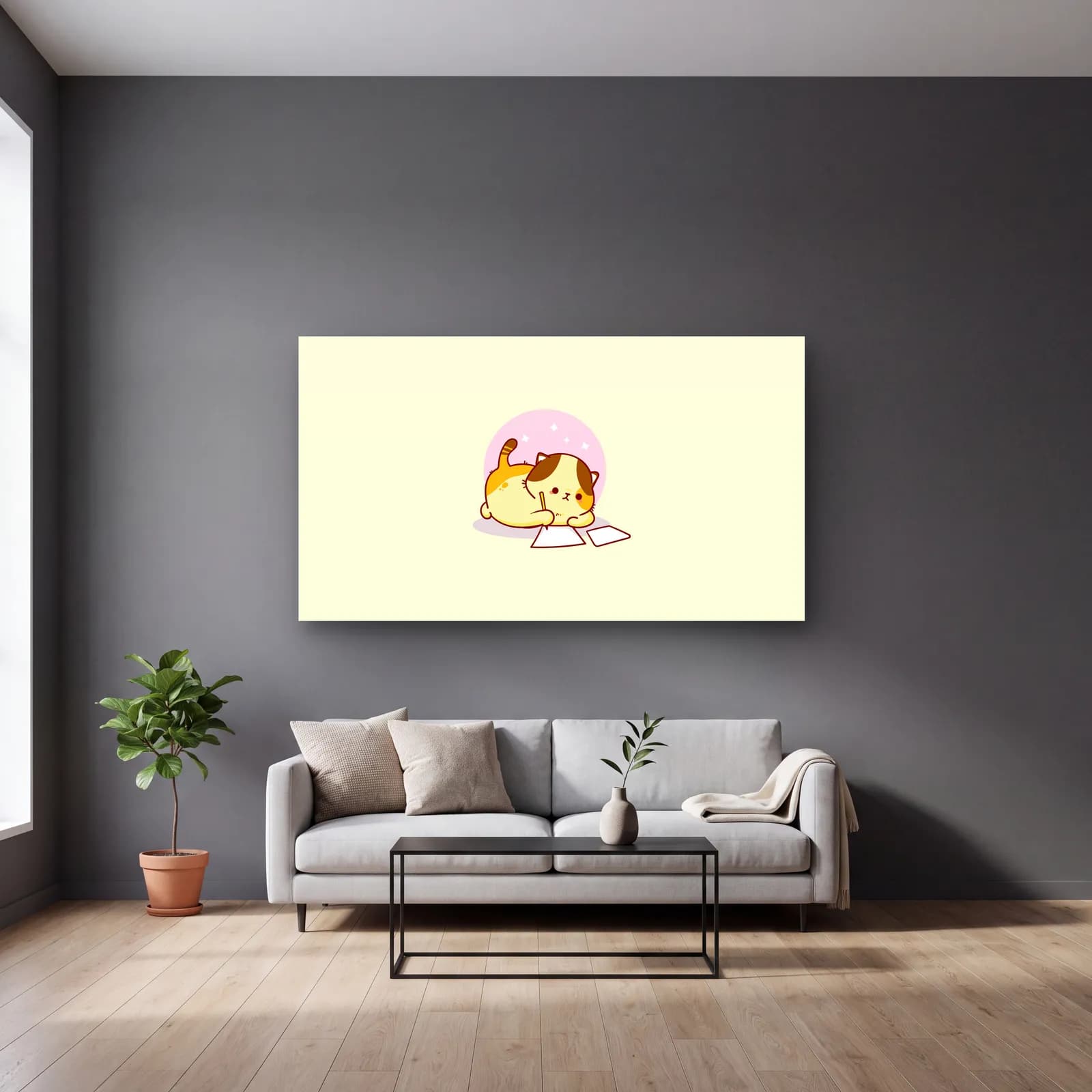 Kağıt Üstünde Uyuklayan Kedi cam tablo — gri duvarlı salonda