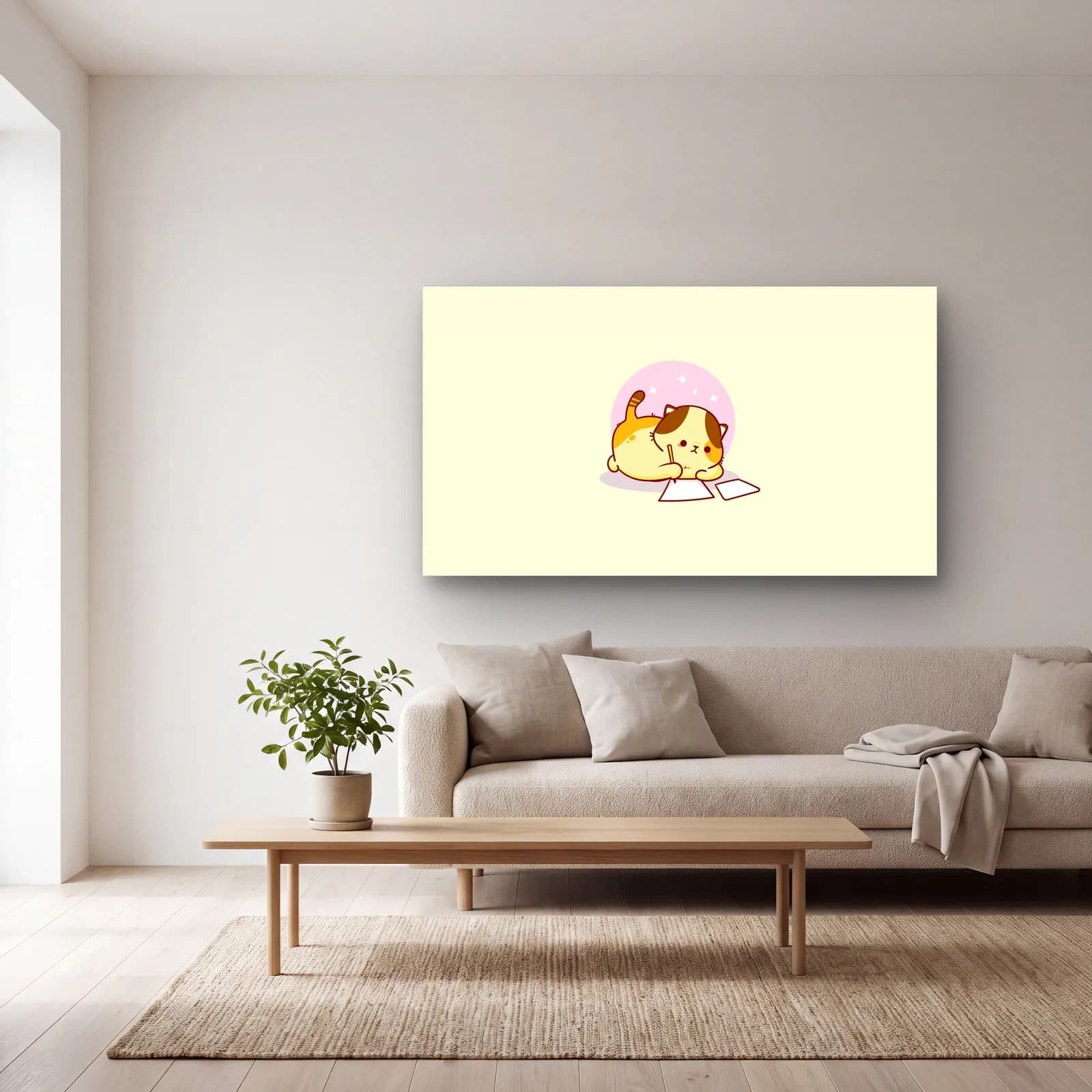 Kağıt Üstünde Uyuklayan Kedi cam tablo — açık renk salonda