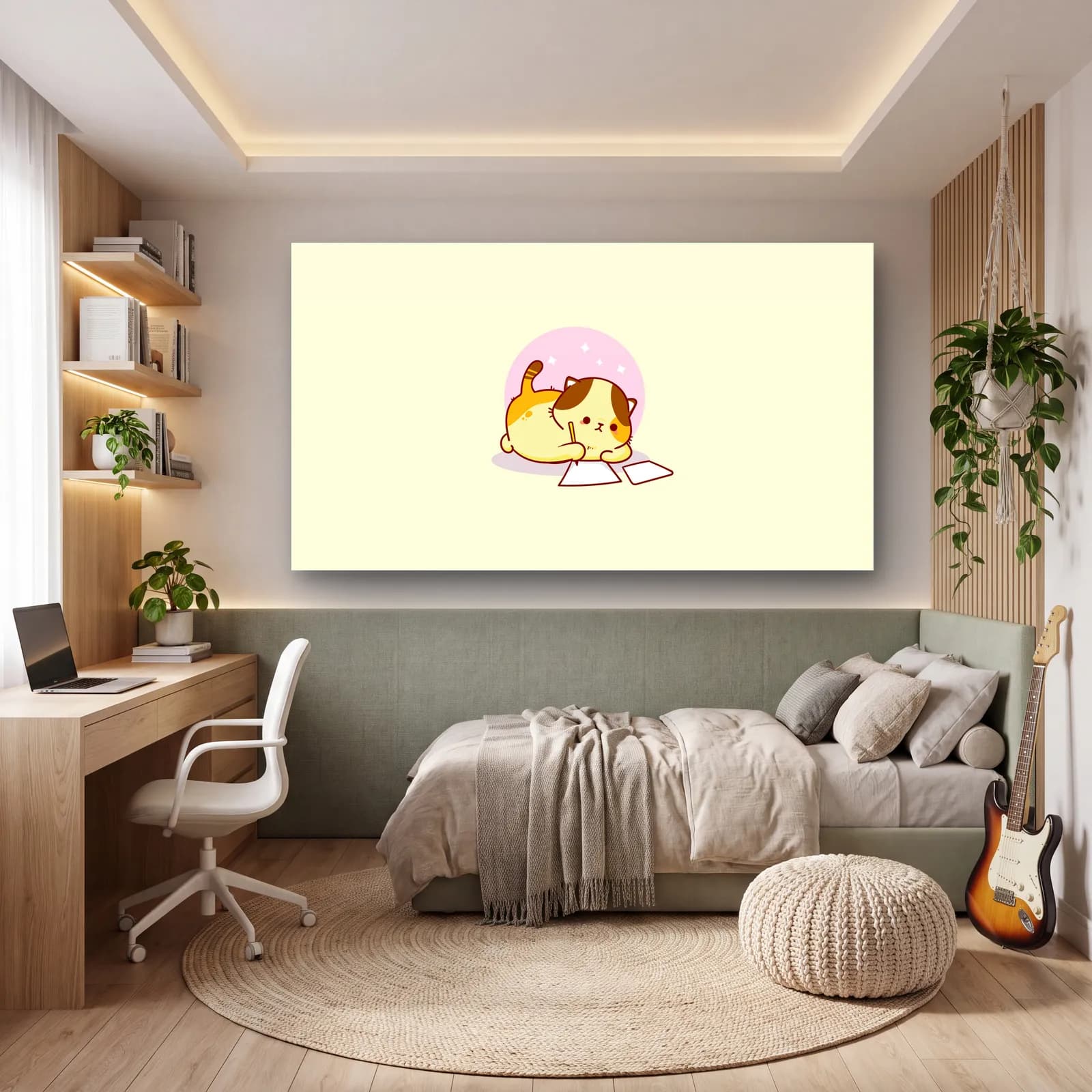 Kağıt Üstünde Uyuklayan Kedi cam tablo — genç odasında