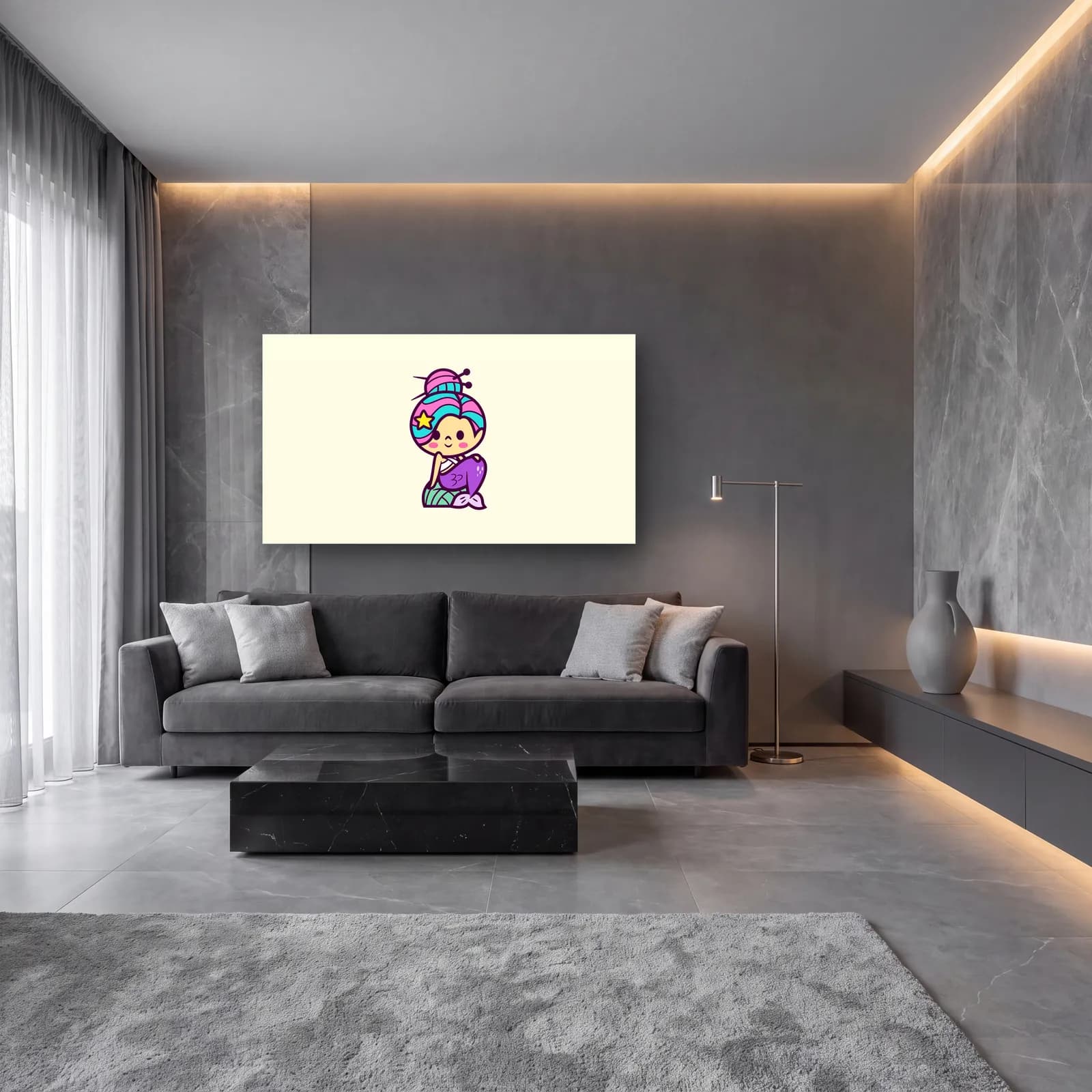 Kawaii Topuzlu Deniz Kızı cam tablo — lüks salon duvarında